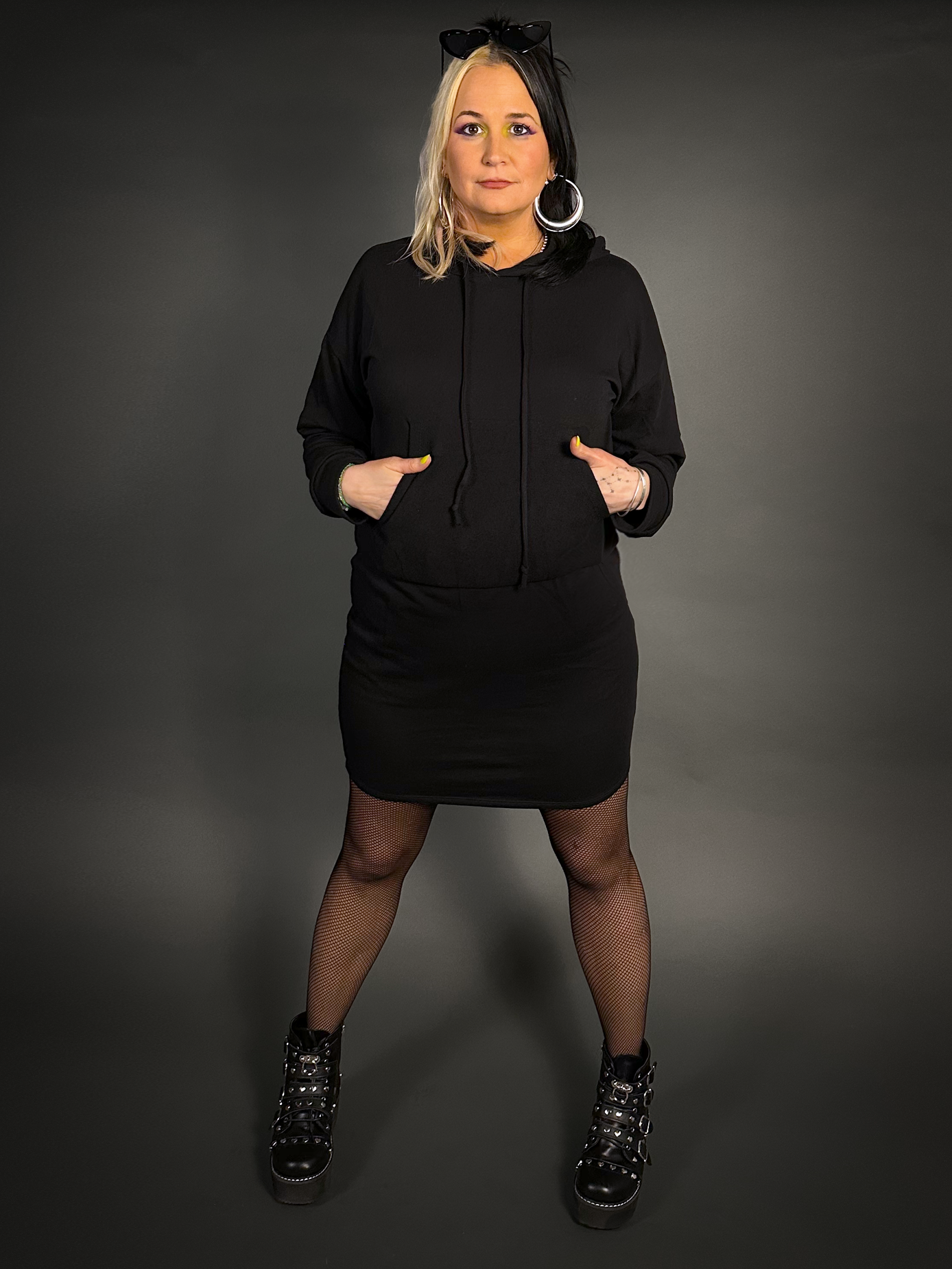Outfit Set - Hoodie Mini Dresss & Small Gauge Fishnet Tights by Pamela Mann