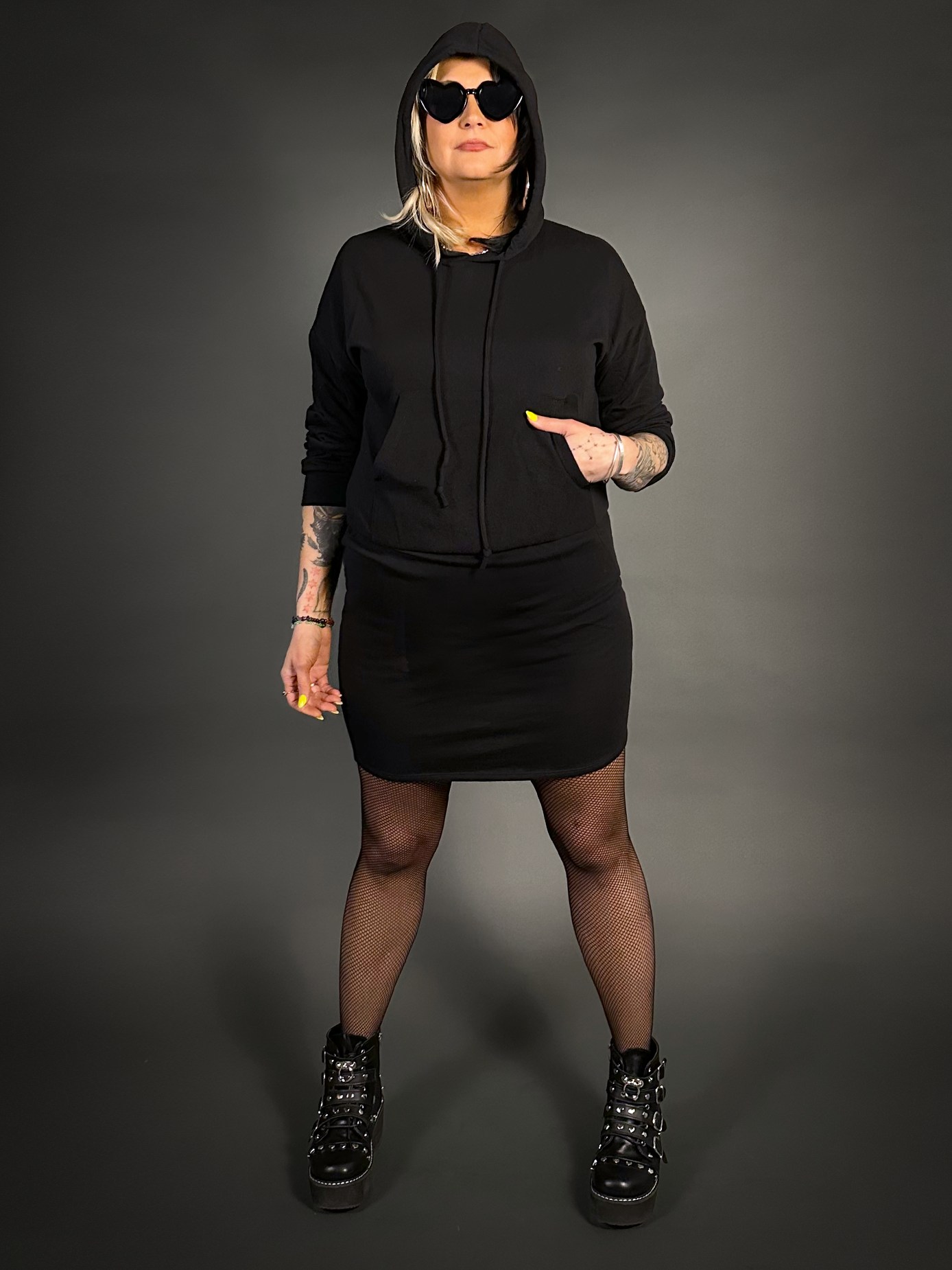 Outfit Set - Hoodie Mini Dresss & Small Gauge Fishnet Tights by Pamela Mann