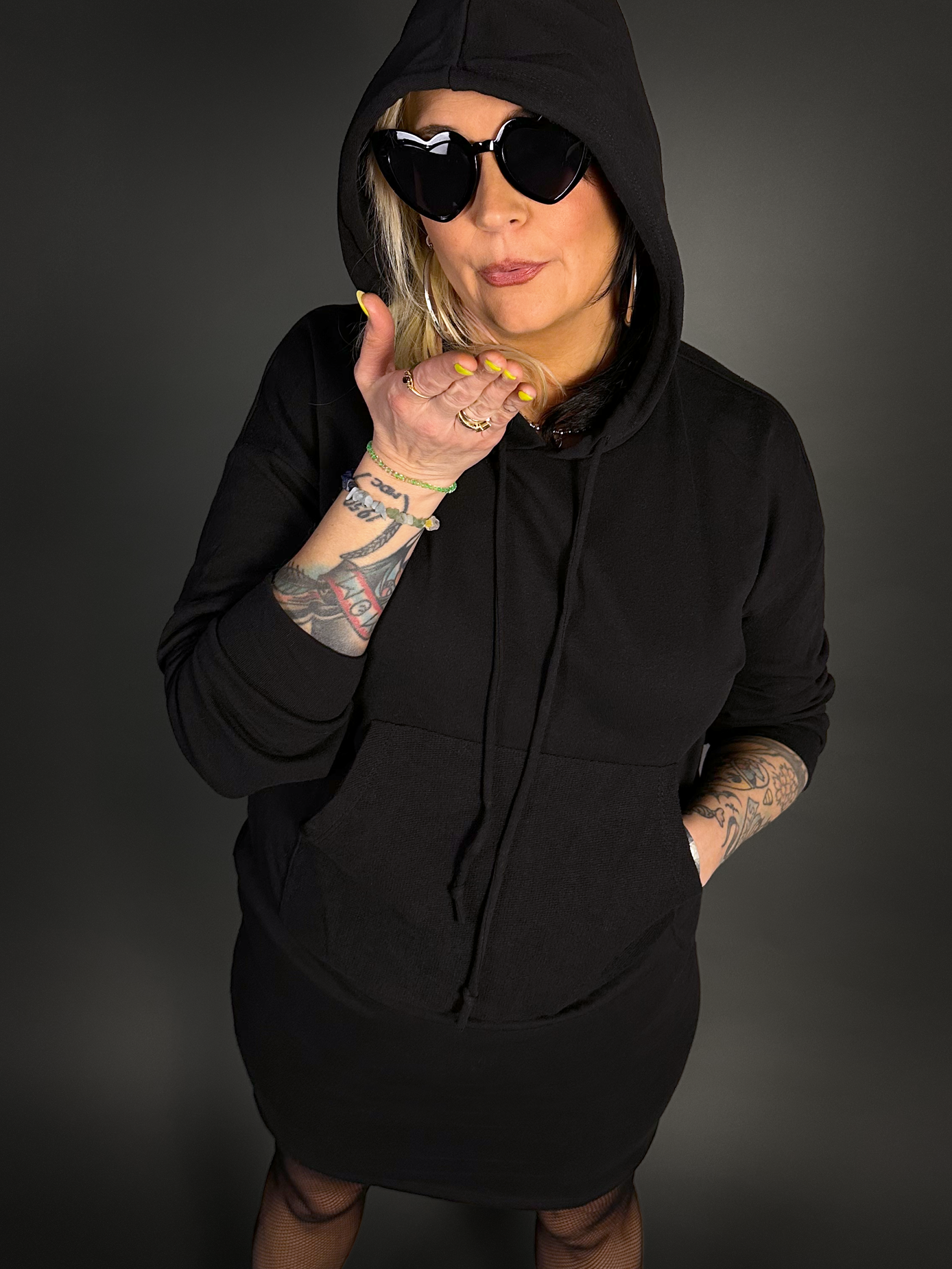 Outfit Set - Hoodie Mini Dresss & Small Gauge Fishnet Tights by Pamela Mann