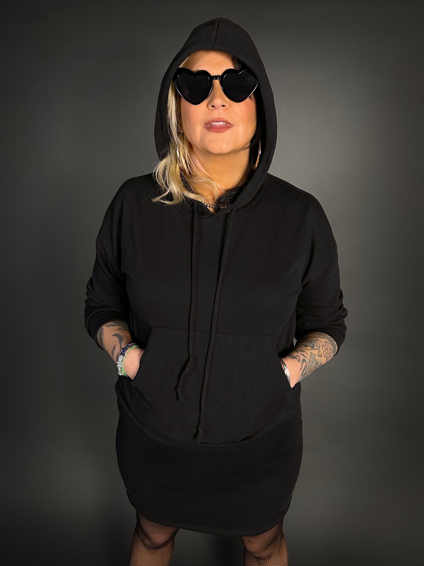 Outfit Set - Hoodie Mini Dresss & Small Gauge Fishnet Tights by Pamela Mann