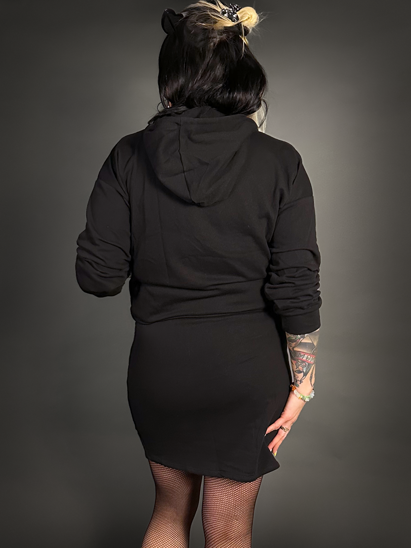 Outfit Set - Hoodie Mini Dresss & Small Gauge Fishnet Tights by Pamela Mann