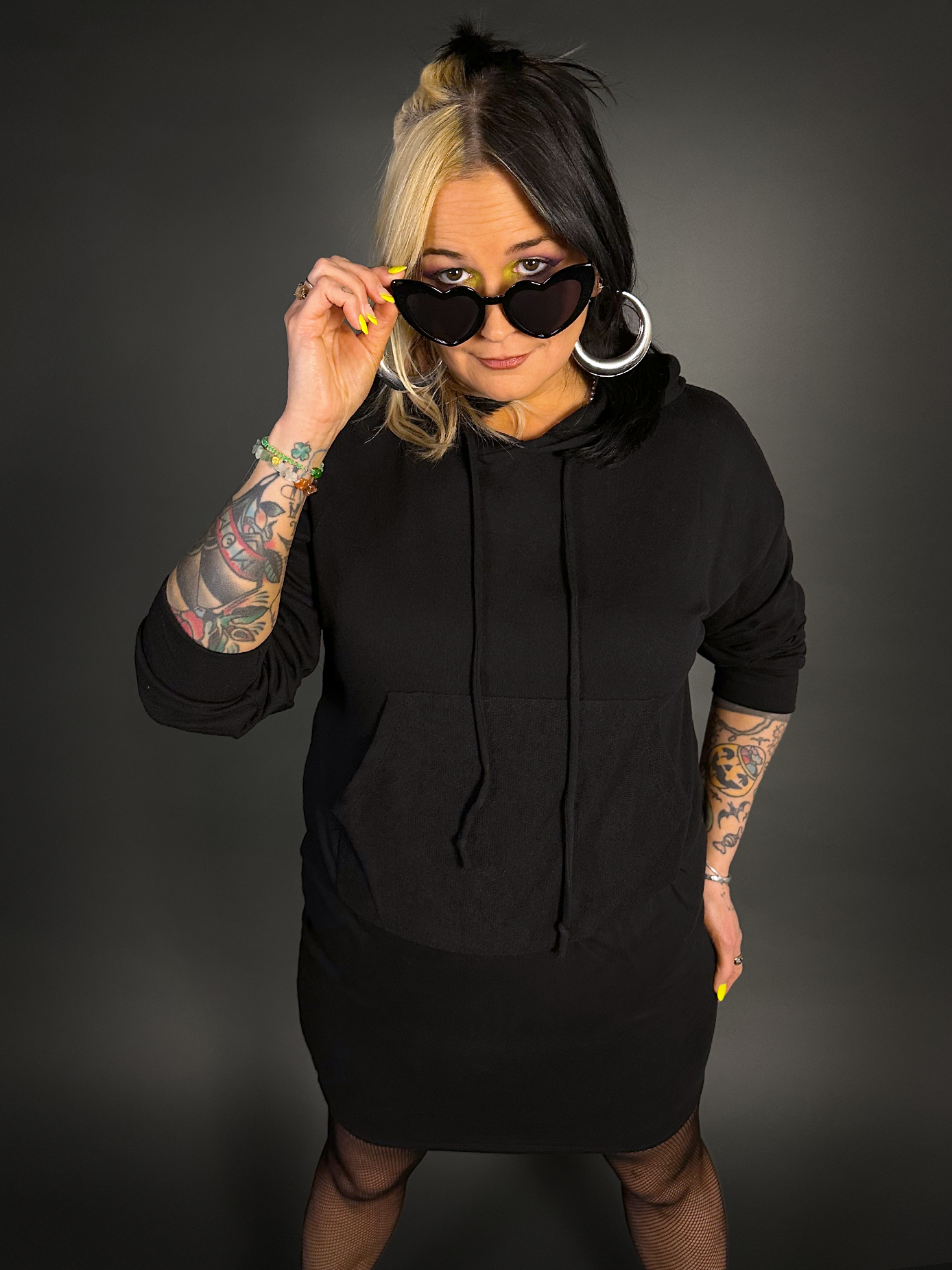 Outfit Set - Hoodie Mini Dresss & Small Gauge Fishnet Tights by Pamela Mann