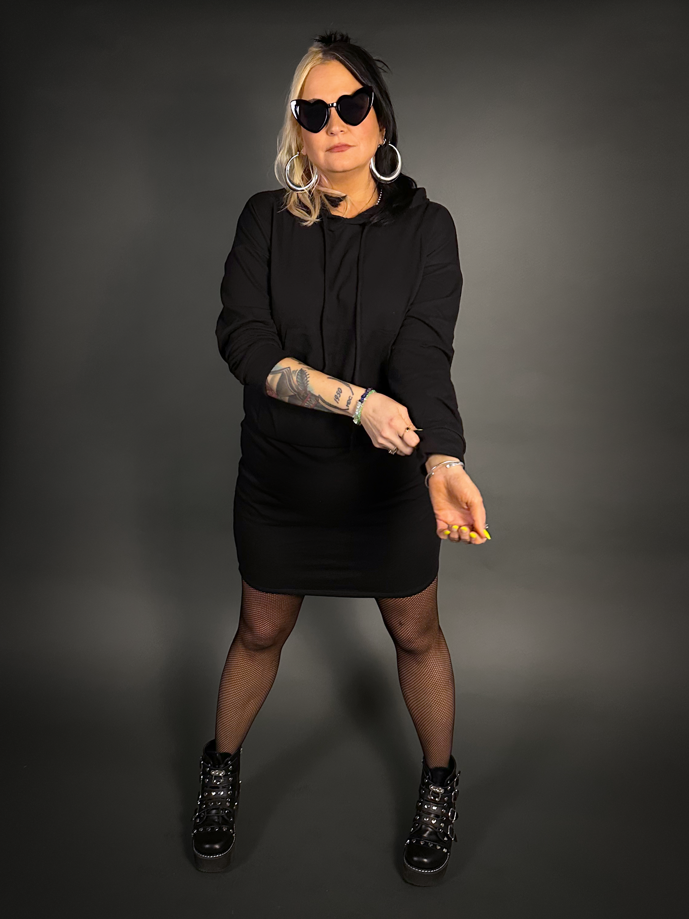 Outfit Set - Hoodie Mini Dresss & Small Gauge Fishnet Tights by Pamela Mann