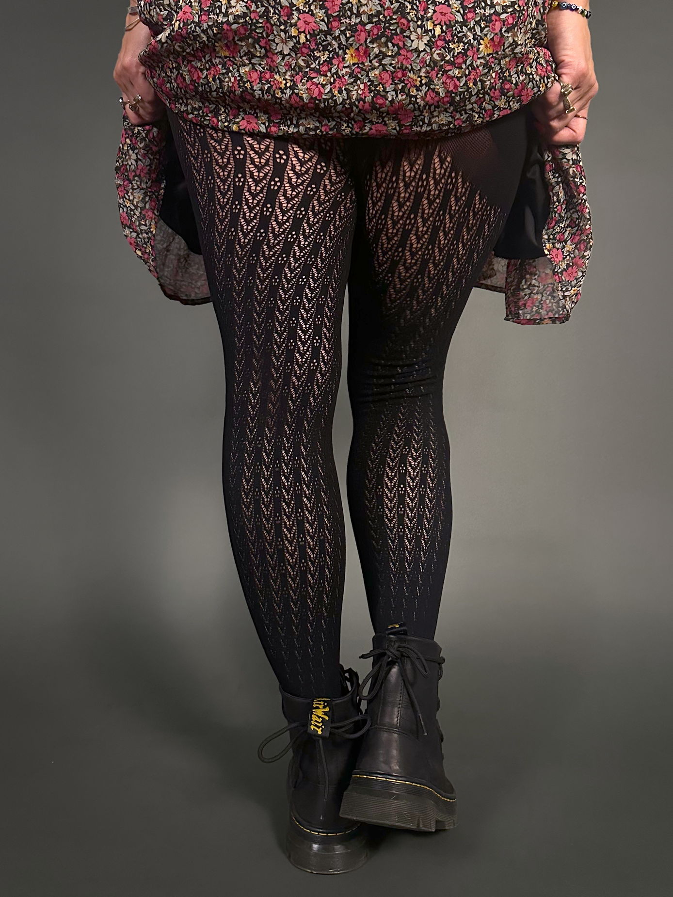 Outfit Set - Lined Ruffled Square Neck Floral Print Babydoll Dress & Chevron Knit Tights by Pamela Mann