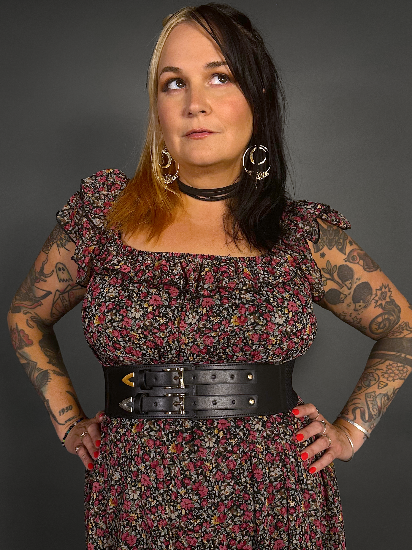 Outfit Set - Lined Ruffled Square Neck Floral Print Babydoll Dress & Two Buckle Corset Belt