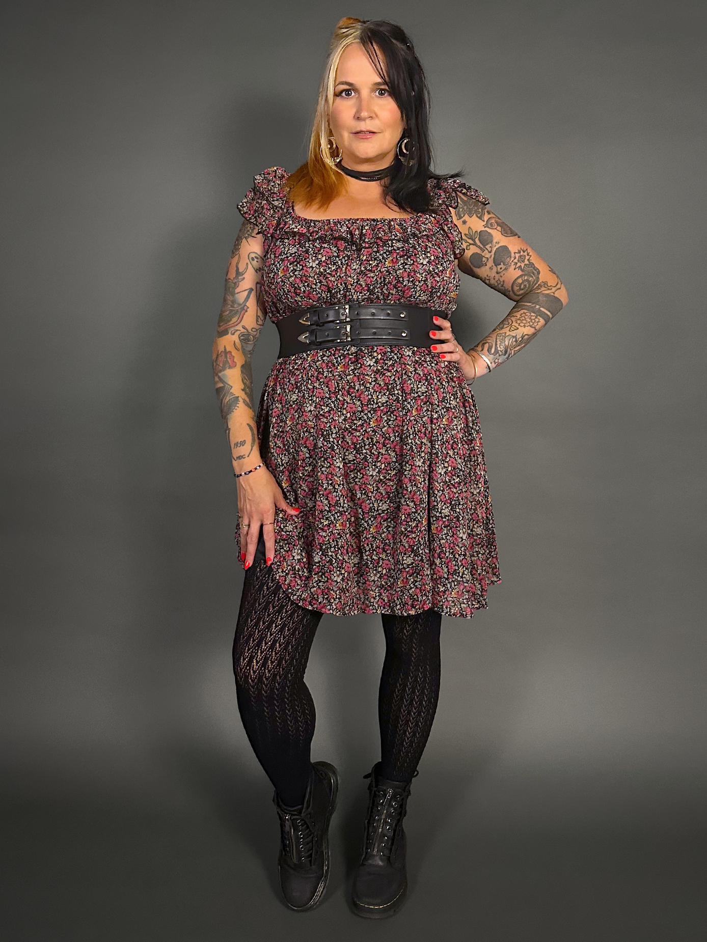 Outfit Set - Lined Ruffled Square Neck Floral Print Babydoll Dress & Two Buckle Corset Belt