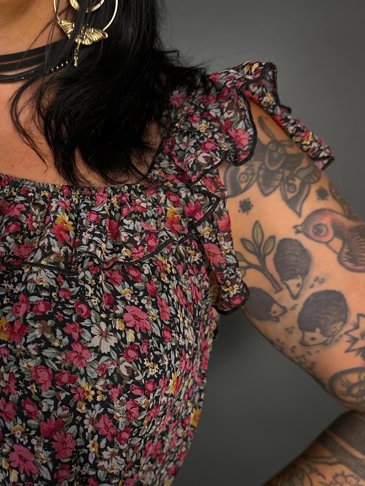 Outfit Set - Lined Ruffled Square Neck Floral Print Babydoll Dress & Two Buckle Corset Belt