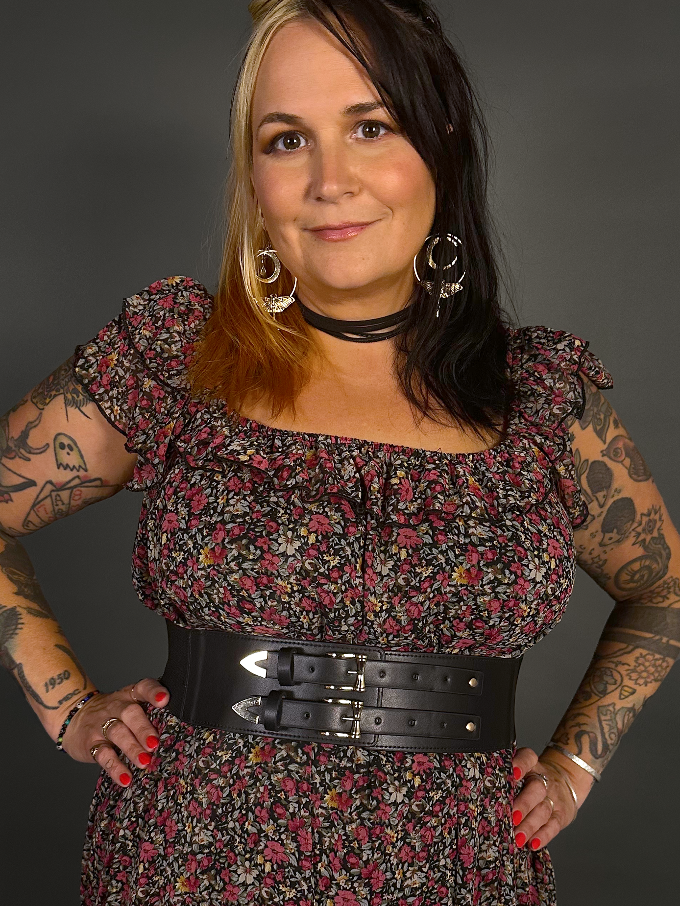 Outfit Set - Lined Ruffled Square Neck Floral Print Babydoll Dress & Two Buckle Corset Belt