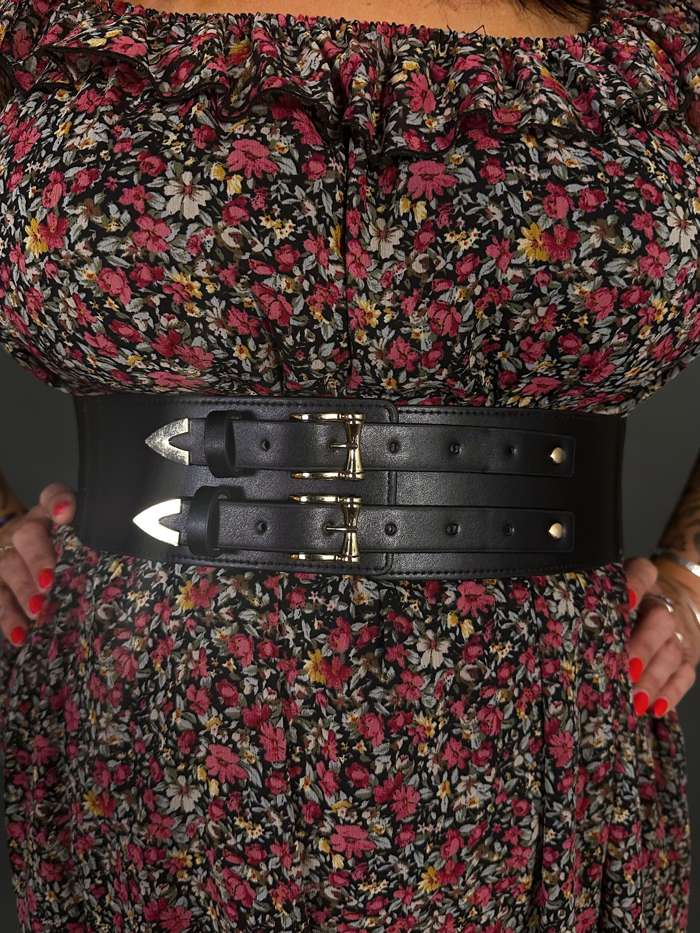 Outfit Set - Lined Ruffled Square Neck Floral Print Babydoll Dress & Two Buckle Corset Belt