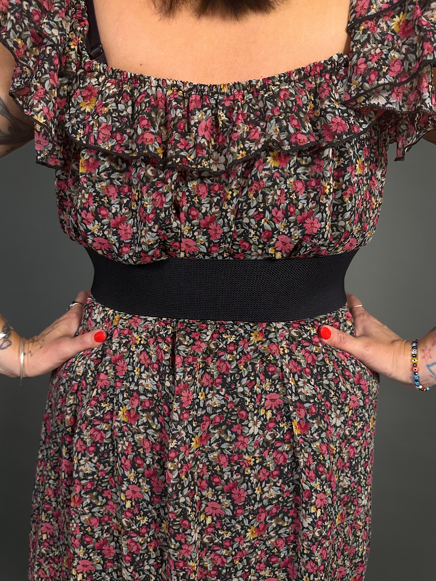 Outfit Set - Lined Ruffled Square Neck Floral Print Babydoll Dress & Two Buckle Corset Belt