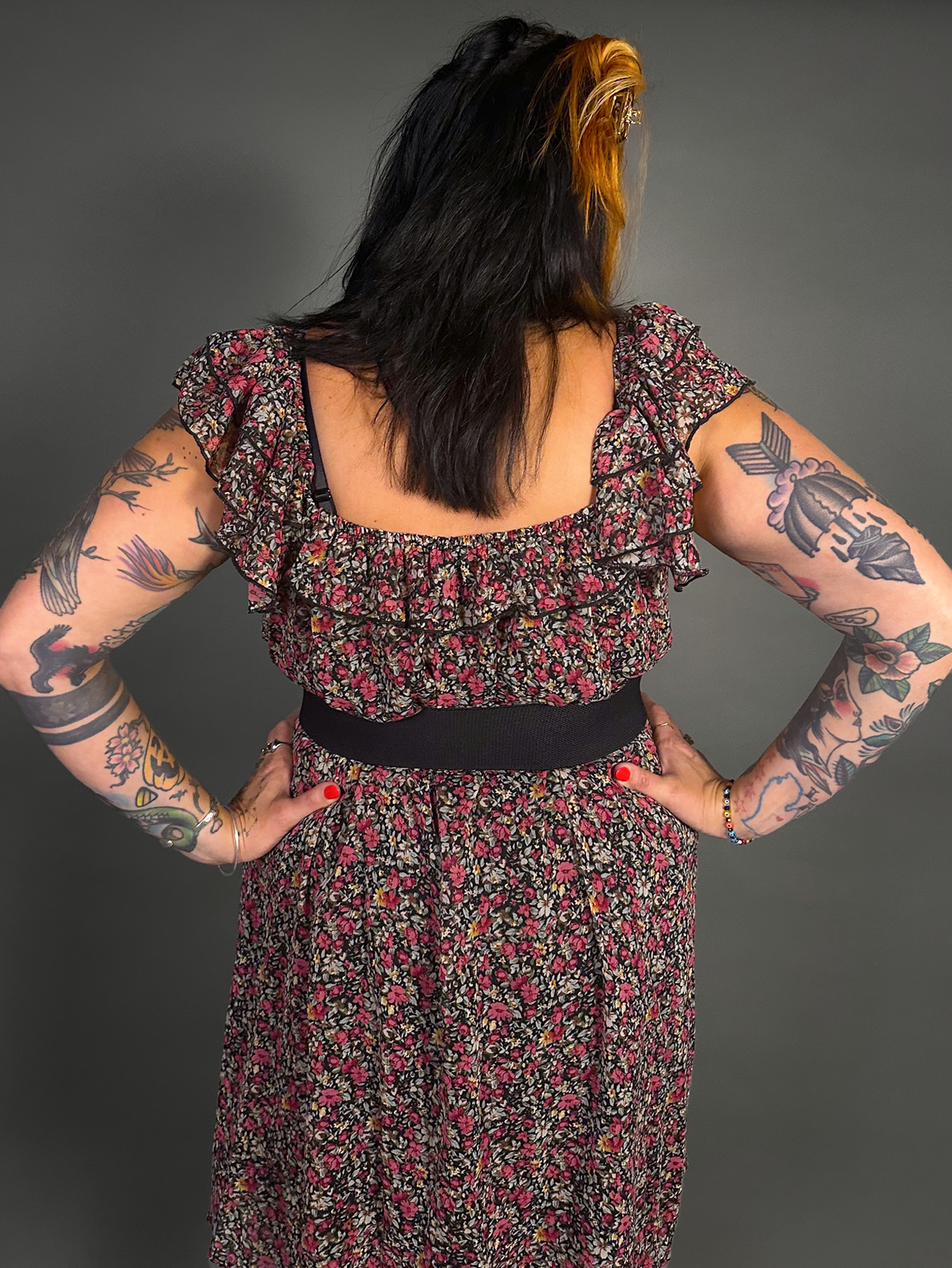 Outfit Set - Lined Ruffled Square Neck Floral Print Babydoll Dress & Two Buckle Corset Belt