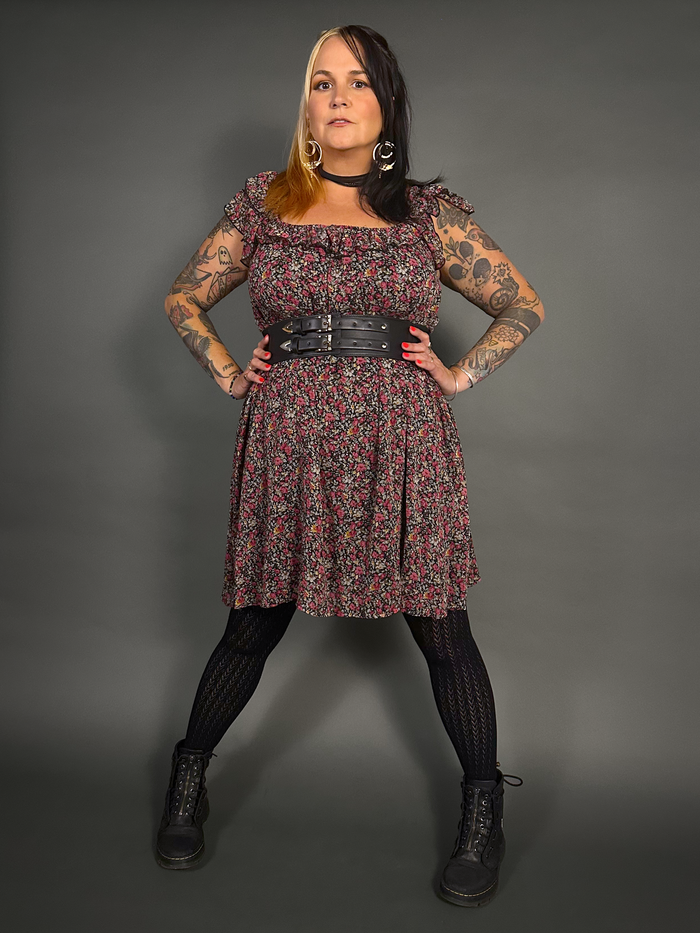 Outfit Set - Lined Ruffled Square Neck Floral Print Babydoll Dress & Two Buckle Corset Belt