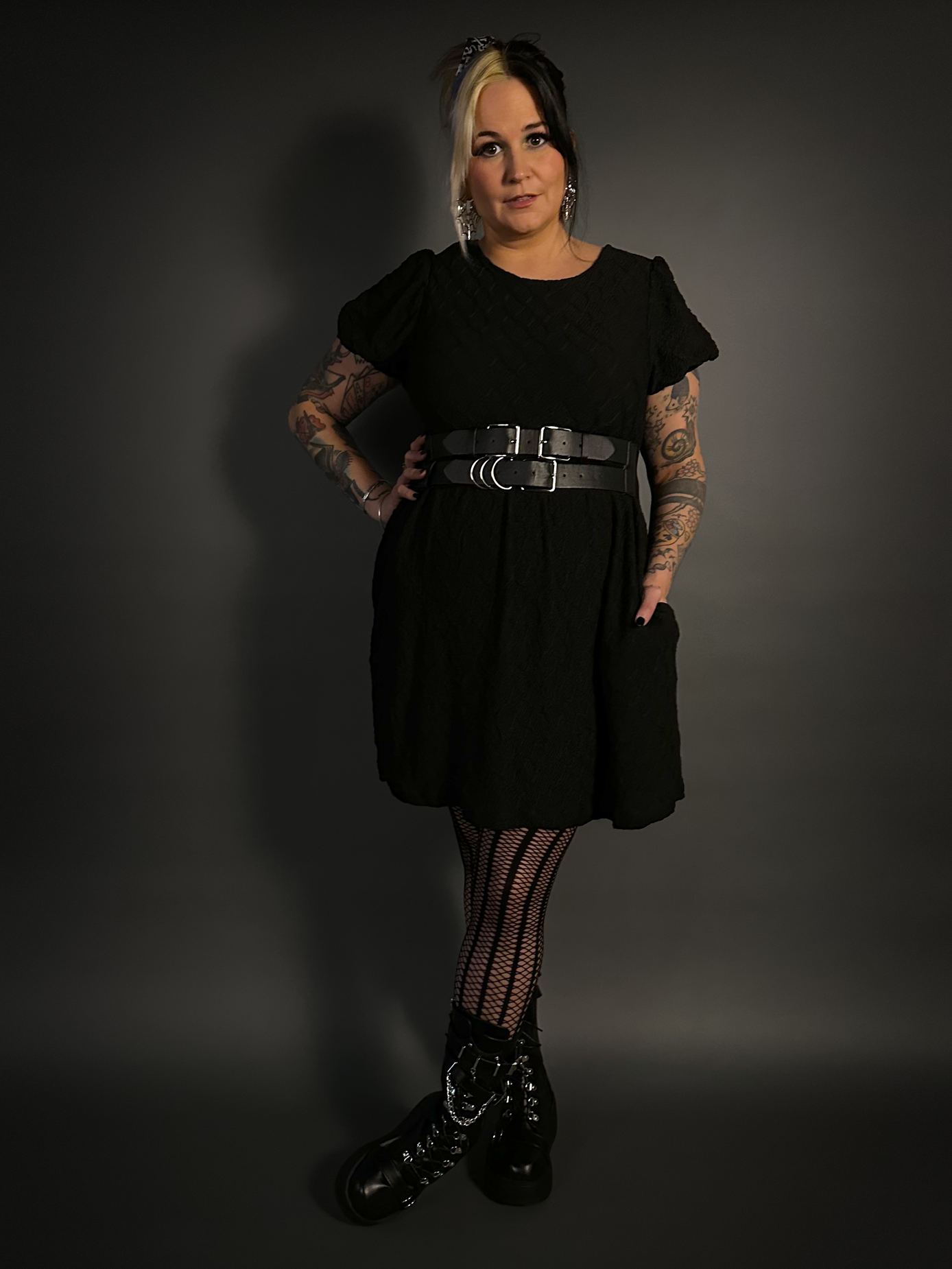 Outfit Set - Puff Sleeve Empire Waist Mini Dress with Pockets & Double Strap Corset Belt
