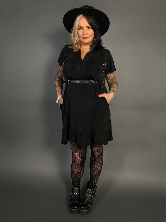 Outfit Set - Ruffled Flare Hem Babydoll Dress in Black & Classic Black Harness Belt