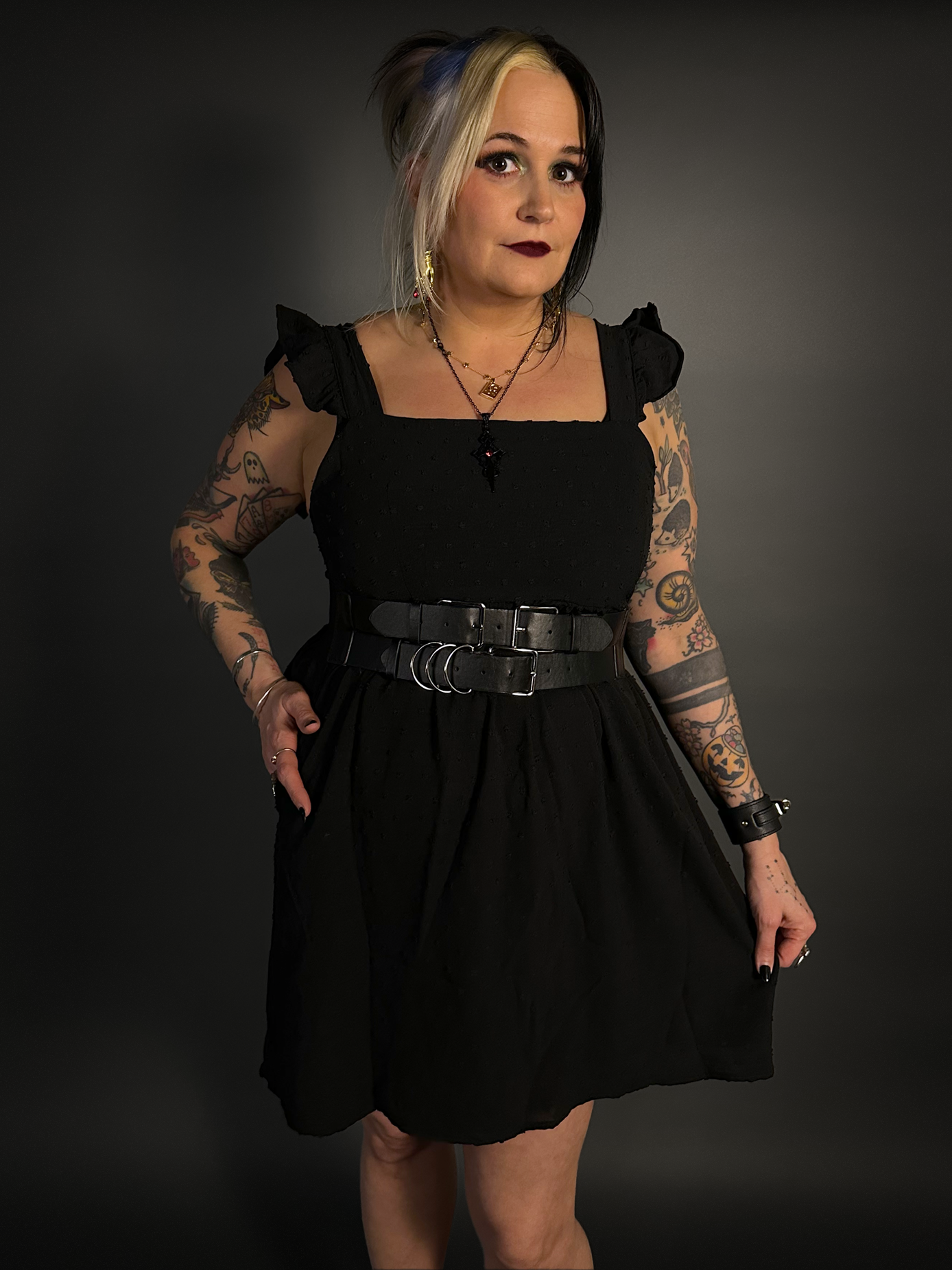 Outfit Set - Ruffled Wing Sleeves Swiss Dot Dress with Pockets & Double Strap Corset Belt