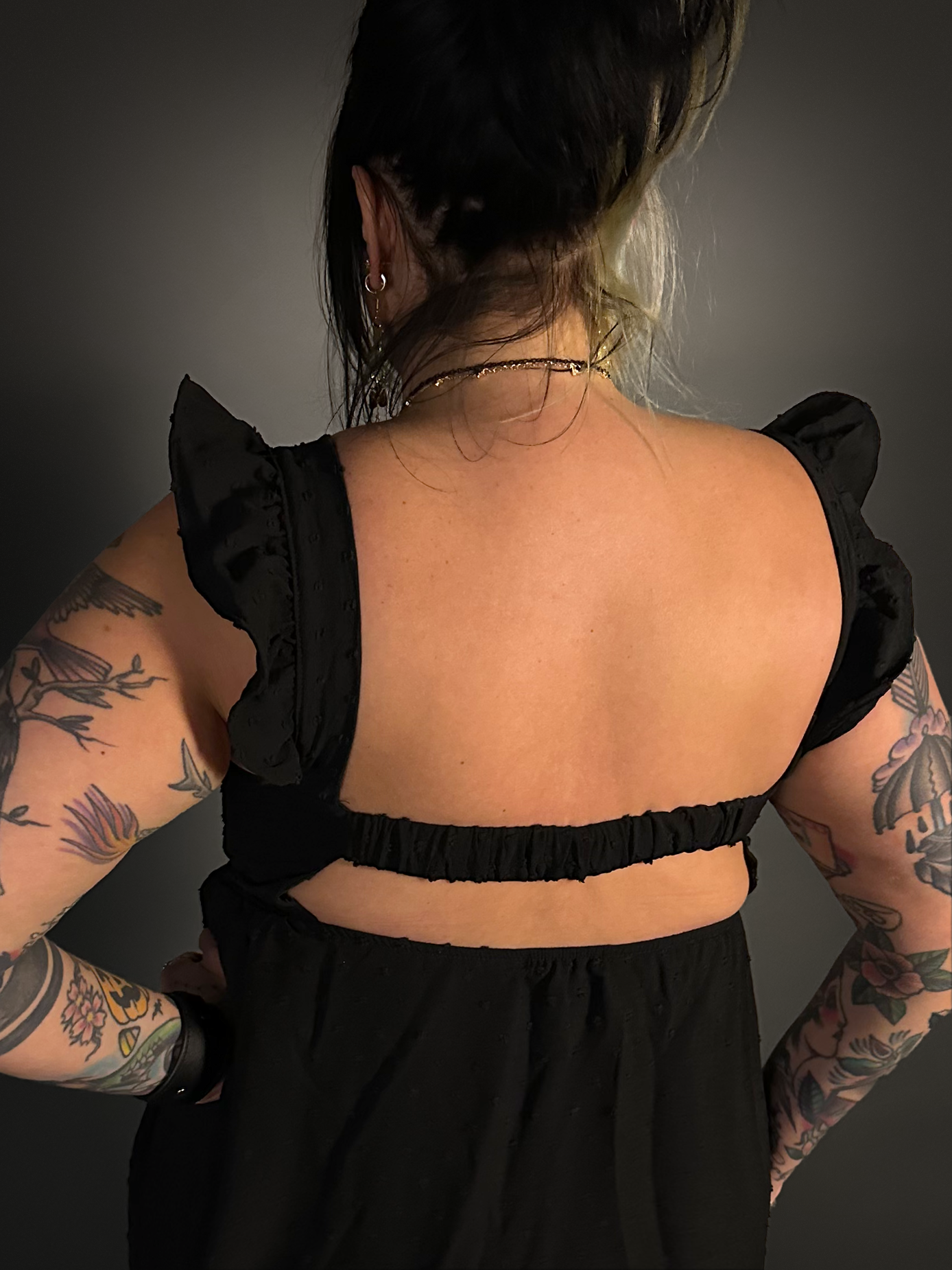Outfit Set - Ruffled Wing Sleeves Swiss Dot Dress with Pockets with Rose & Skull Tights Media 1 of 11