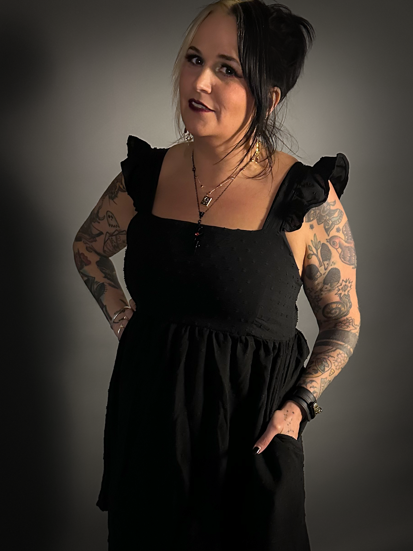 Outfit Set - Ruffled Wing Sleeves Swiss Dot Dress with Pockets with Rose & Skull Tights Media 1 of 11