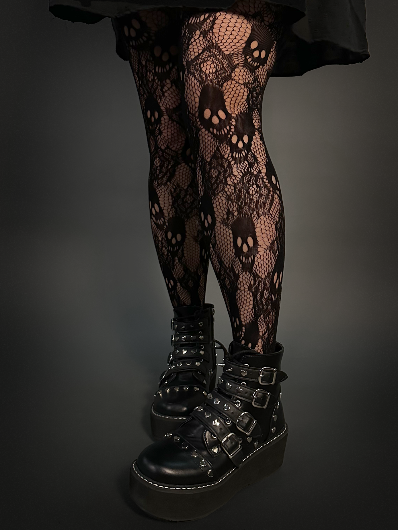 Outfit Set - Ruffled Wing Sleeves Swiss Dot Dress with Pockets with Rose & Skull Tights Media 1 of 11