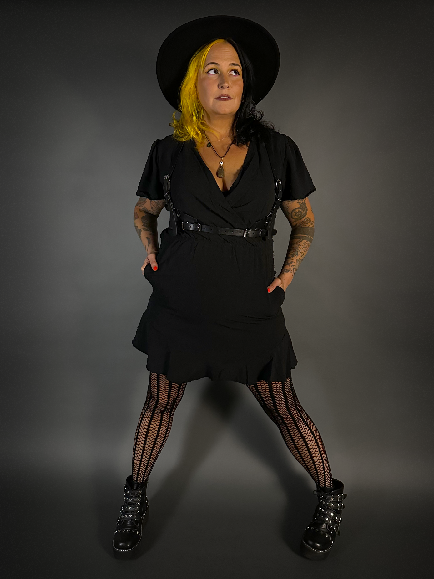 Outfit Set - Split Flair Sleeve Swiss Dot Mini Dress with Pockets & Black Shoulder Harness Belt M (8/10) Dress / Small (Fits S / 27"-31" Underbust) / Outfit Set - Split Flair Sleeve Swiss Dot Mini Dress with Pockets & Black Shoulder Harness Belt M (8/10) Dress / Small (Fits S / 27"-31" Underbust) /