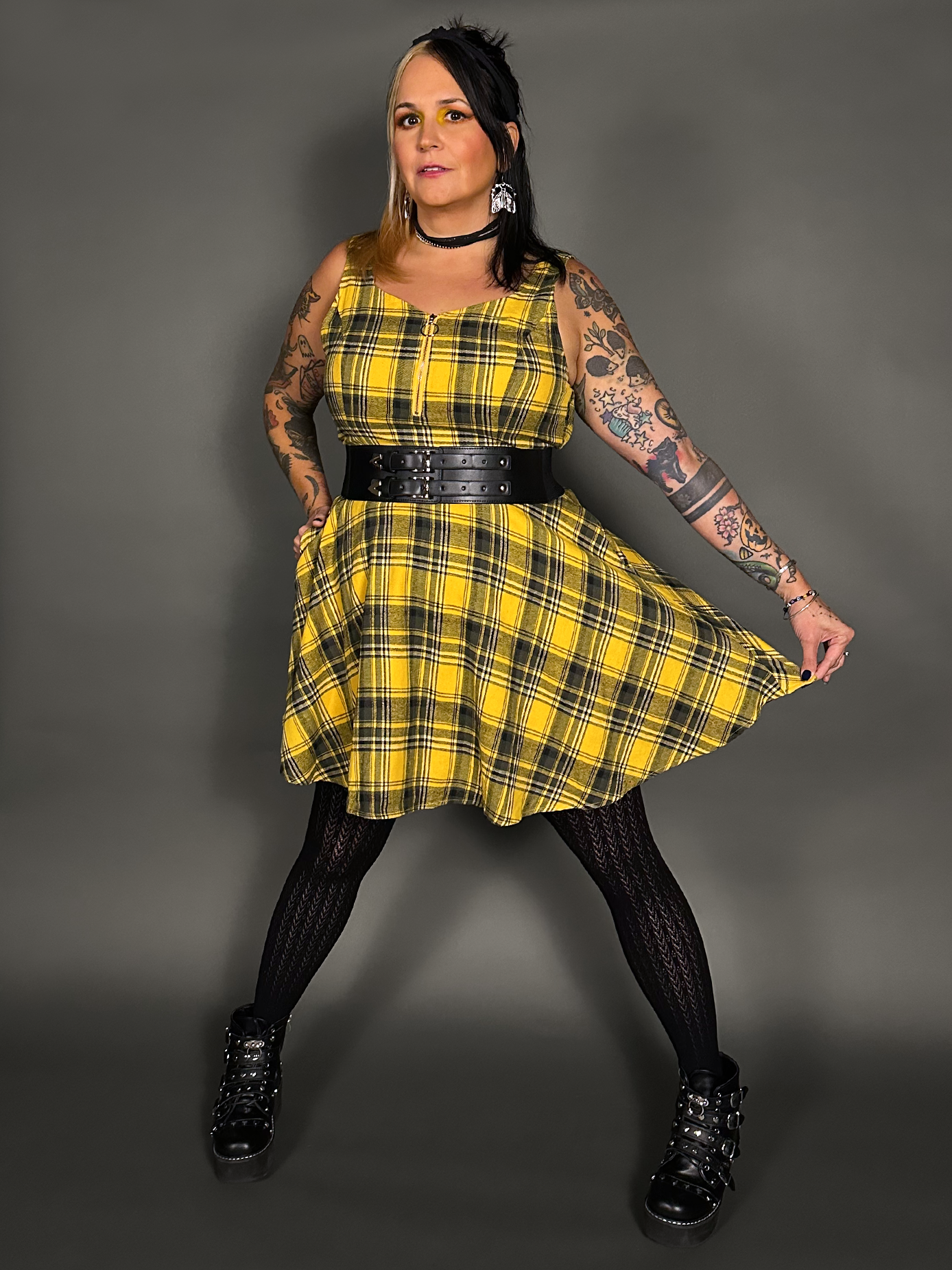 Outfit Set - Tommyrot Mustard Yellow Plaid Mini Swing Dress & Two Buckle Corset Belt