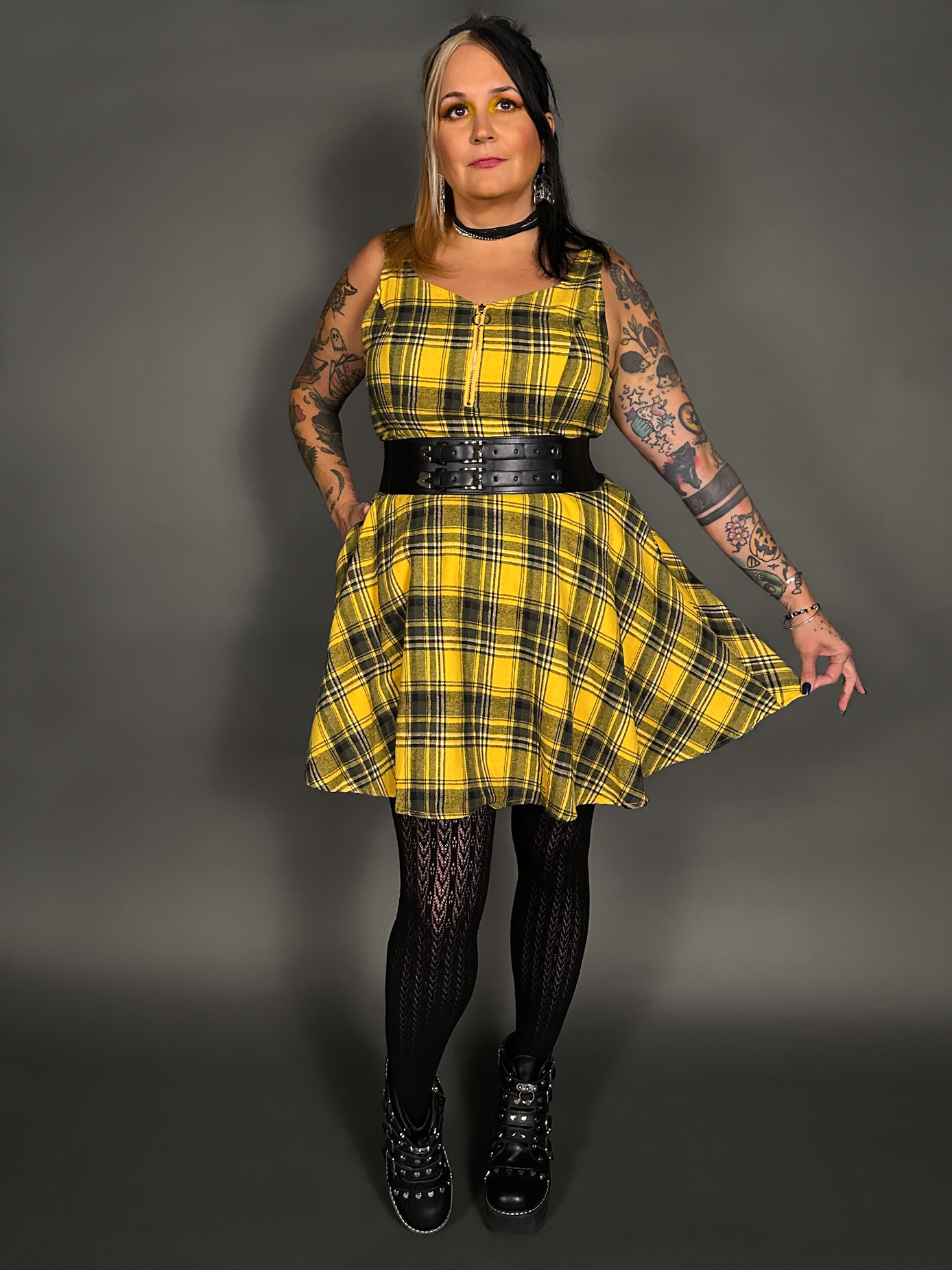 Outfit Set - Tommyrot Mustard Yellow Plaid Mini Swing Dress & Two Buckle Corset Belt