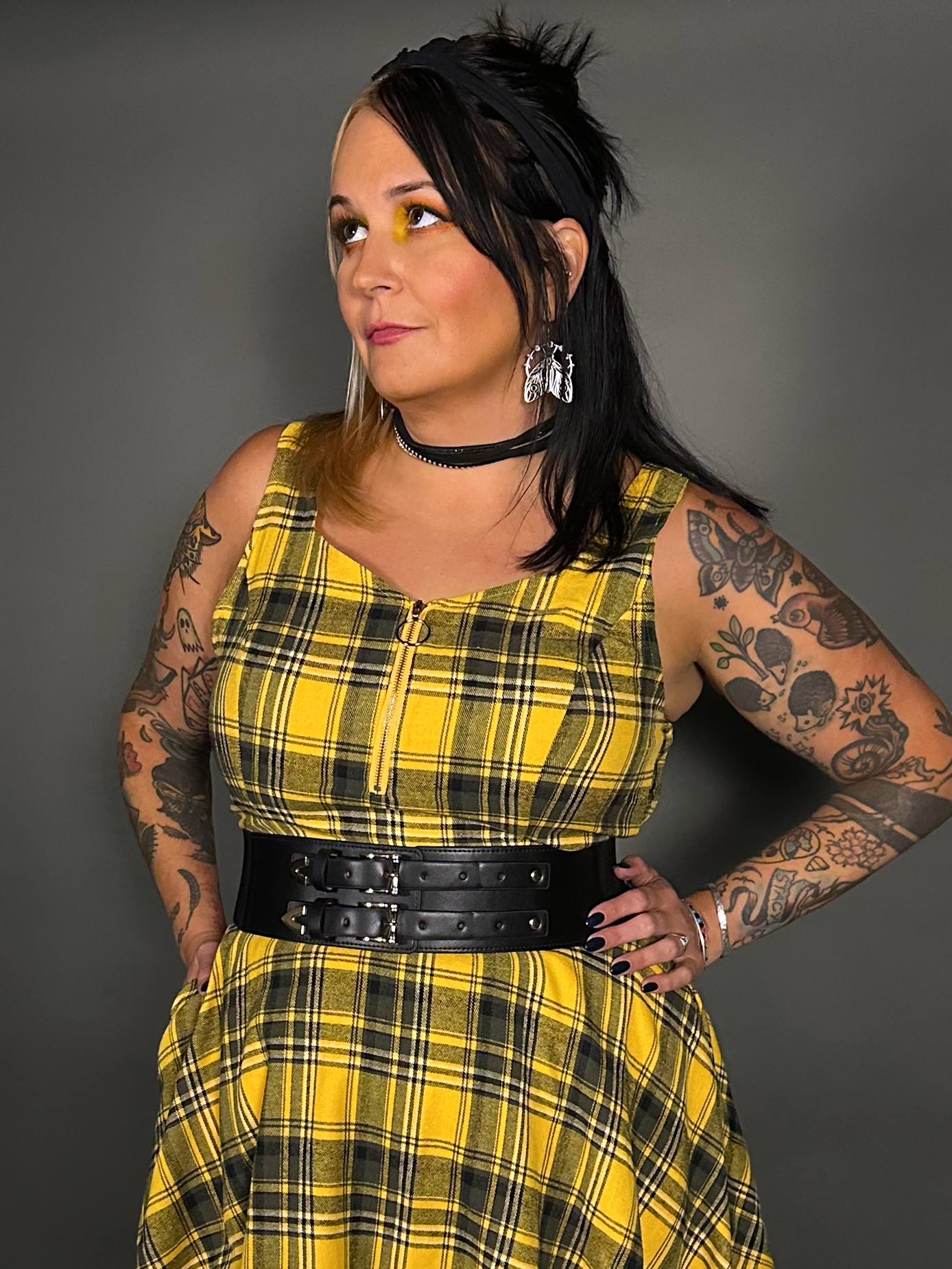Outfit Set - Tommyrot Mustard Yellow Plaid Mini Swing Dress & Two Buckle Corset Belt