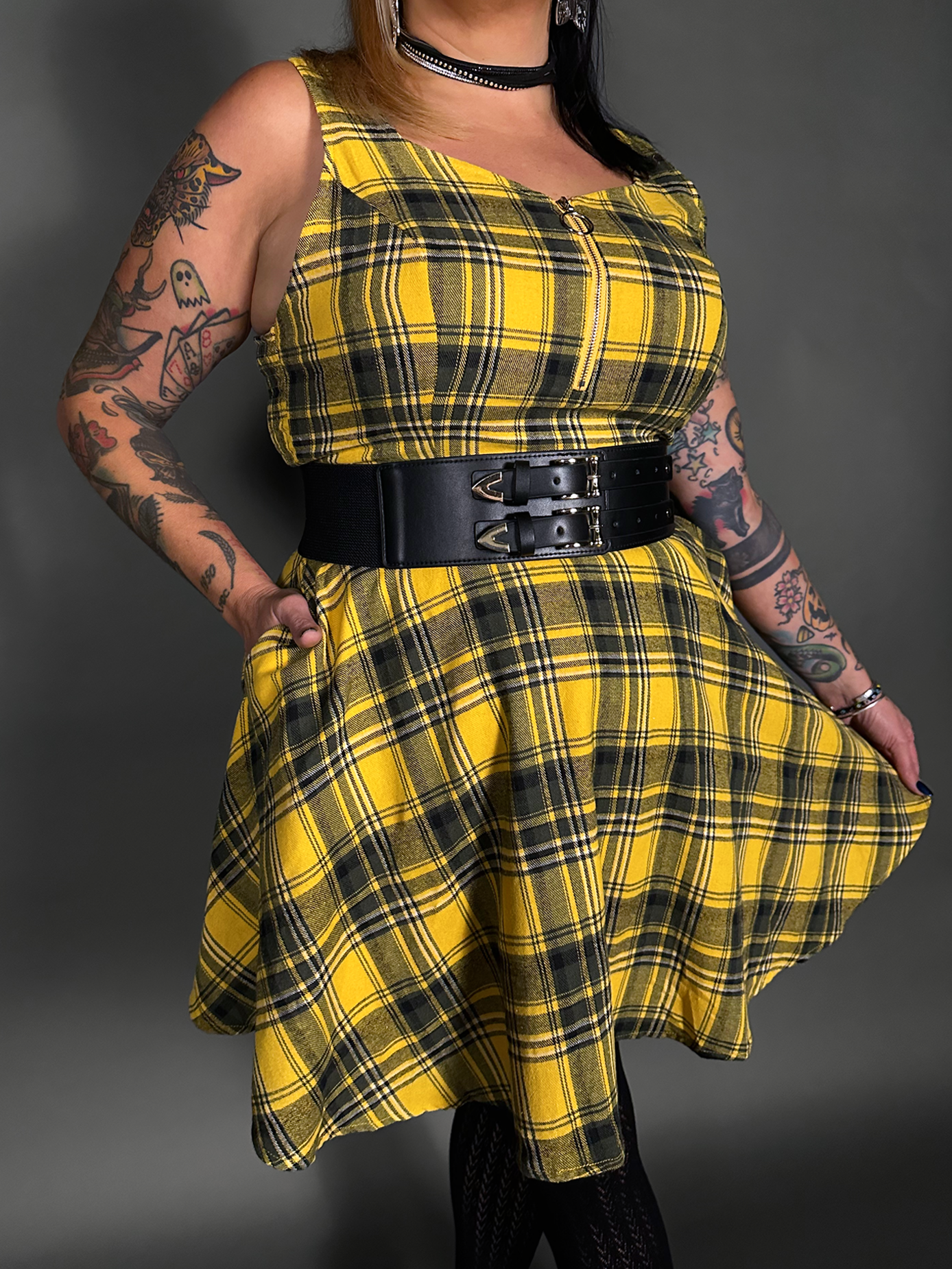 Outfit Set - Tommyrot Mustard Yellow Plaid Mini Swing Dress & Two Buckle Corset Belt