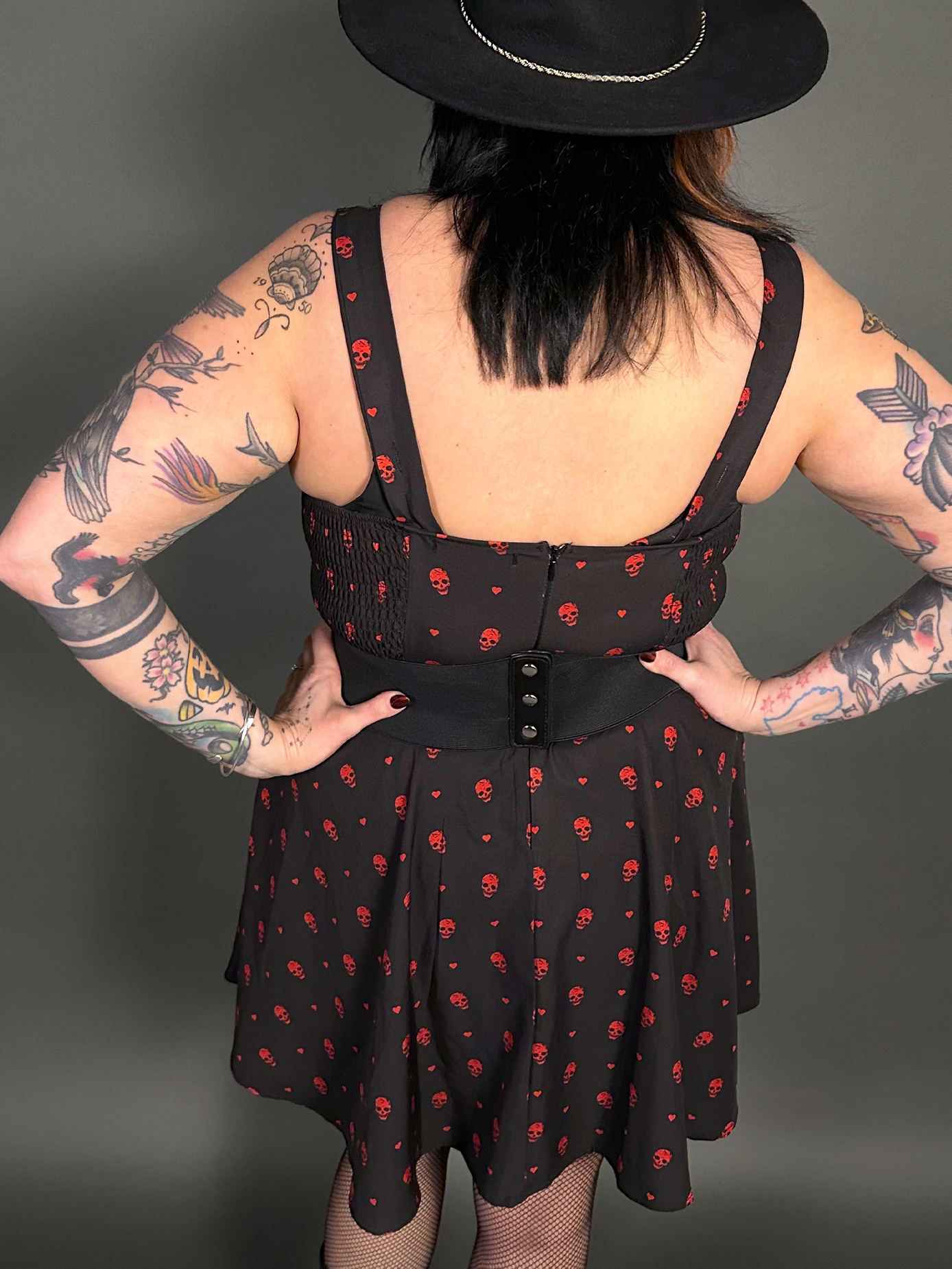 Outfit Set - Tommyrot "Hearts & Skulls" Sleeveless Mini Swing Dress & Three O-ring Front Corset Belt
