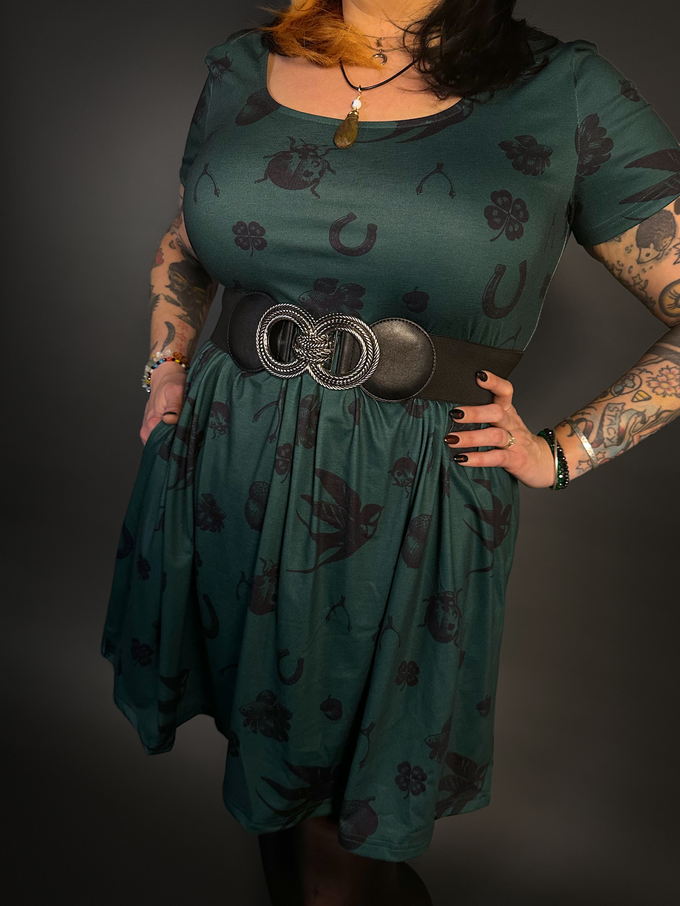 Outfit Set - Tommyrot "Lady Luck" Short Sleeve Skater Dress in Green & Rope Design Corset Belt