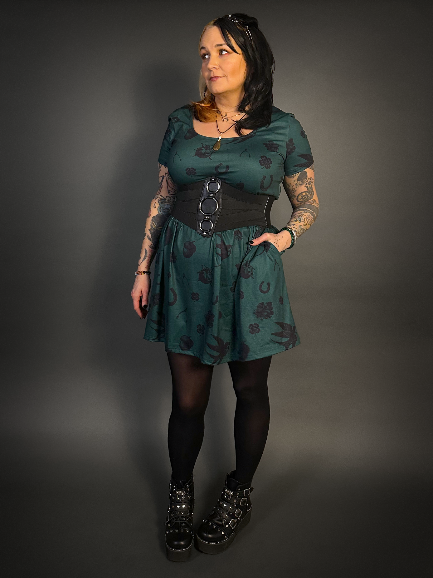 Outfit Set - Tommyrot "Lady Luck" Short Sleeve Skater Dress in Green & Three O-ring Front Corset Belt