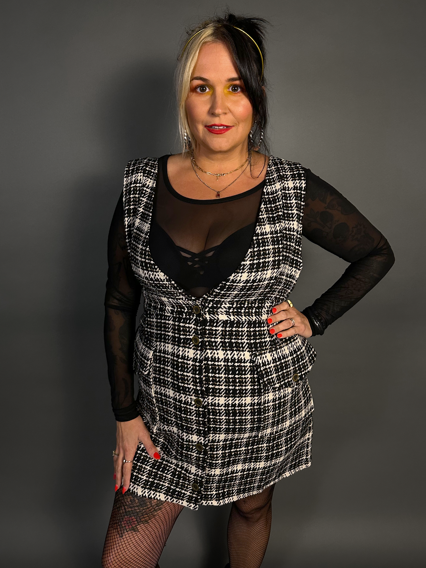 Outfit Set - Tweed Plaid Overall Mini Dress in Black/White & Sheer Round Neck Layering Top