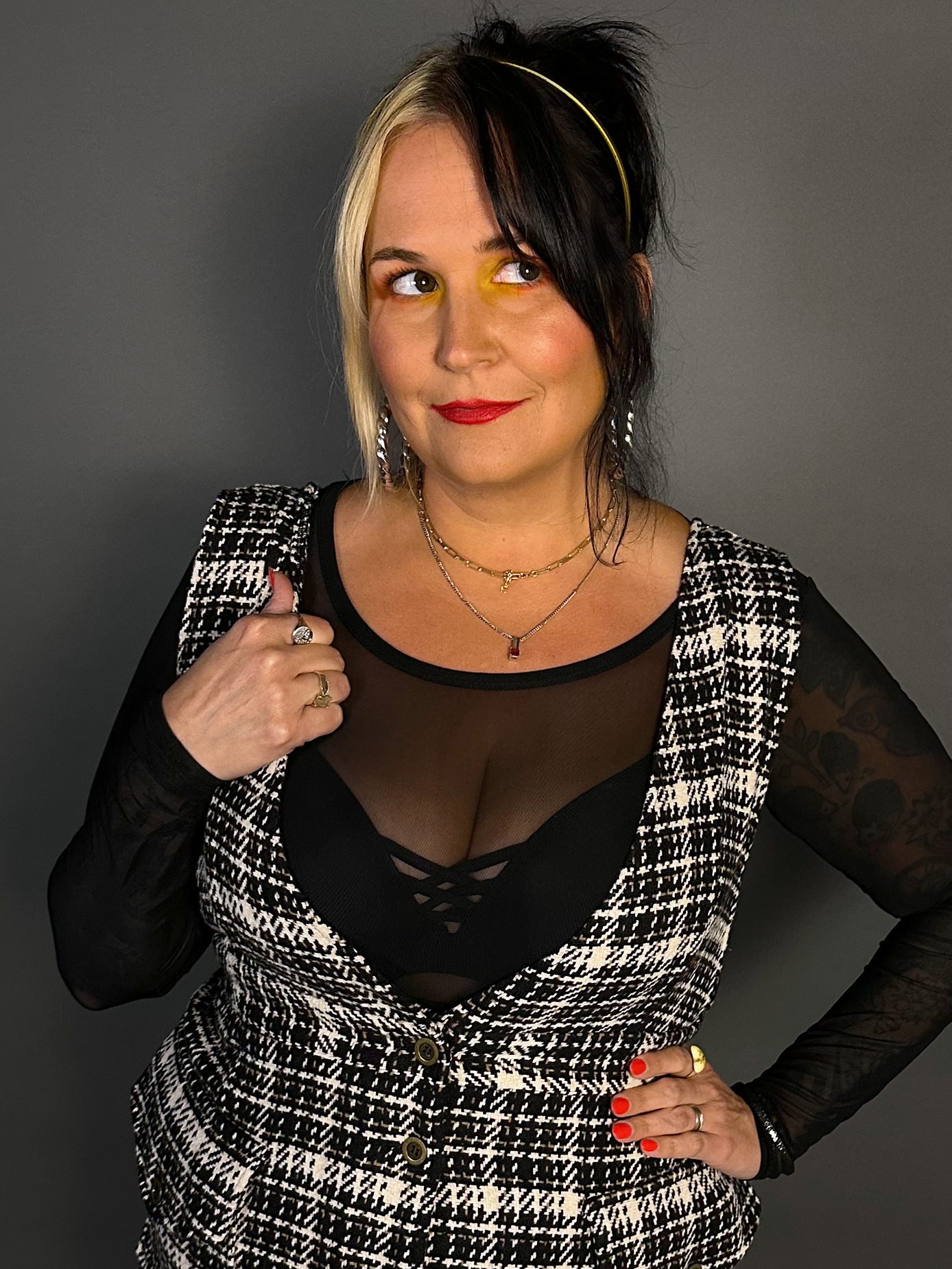 Outfit Set - Tweed Plaid Overall Mini Dress in Black/White & Sheer Round Neck Layering Top
