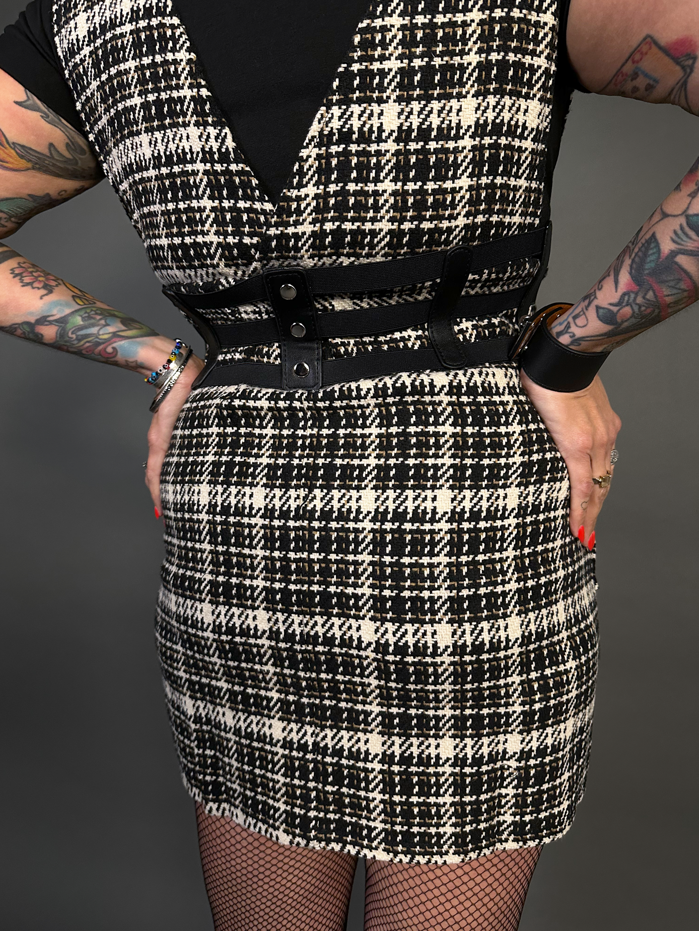 Outfit Set - Tweed Plaid Overall Mini Dress in Black/White & Three Buckle Corset Belt