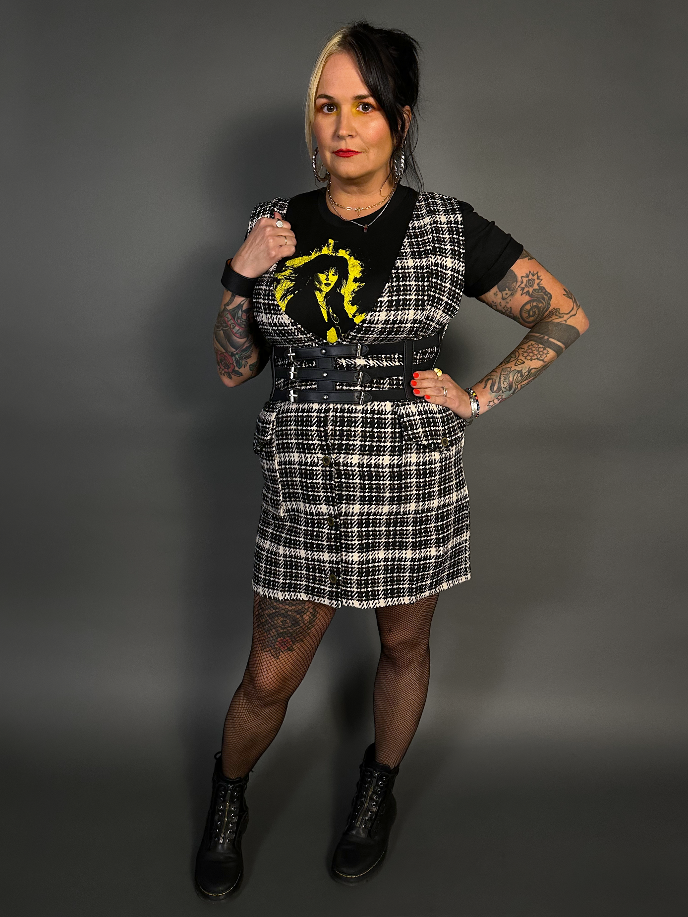 Outfit Set - Tweed Plaid Overall Mini Dress in Black/White & Three Buckle Corset Belt
