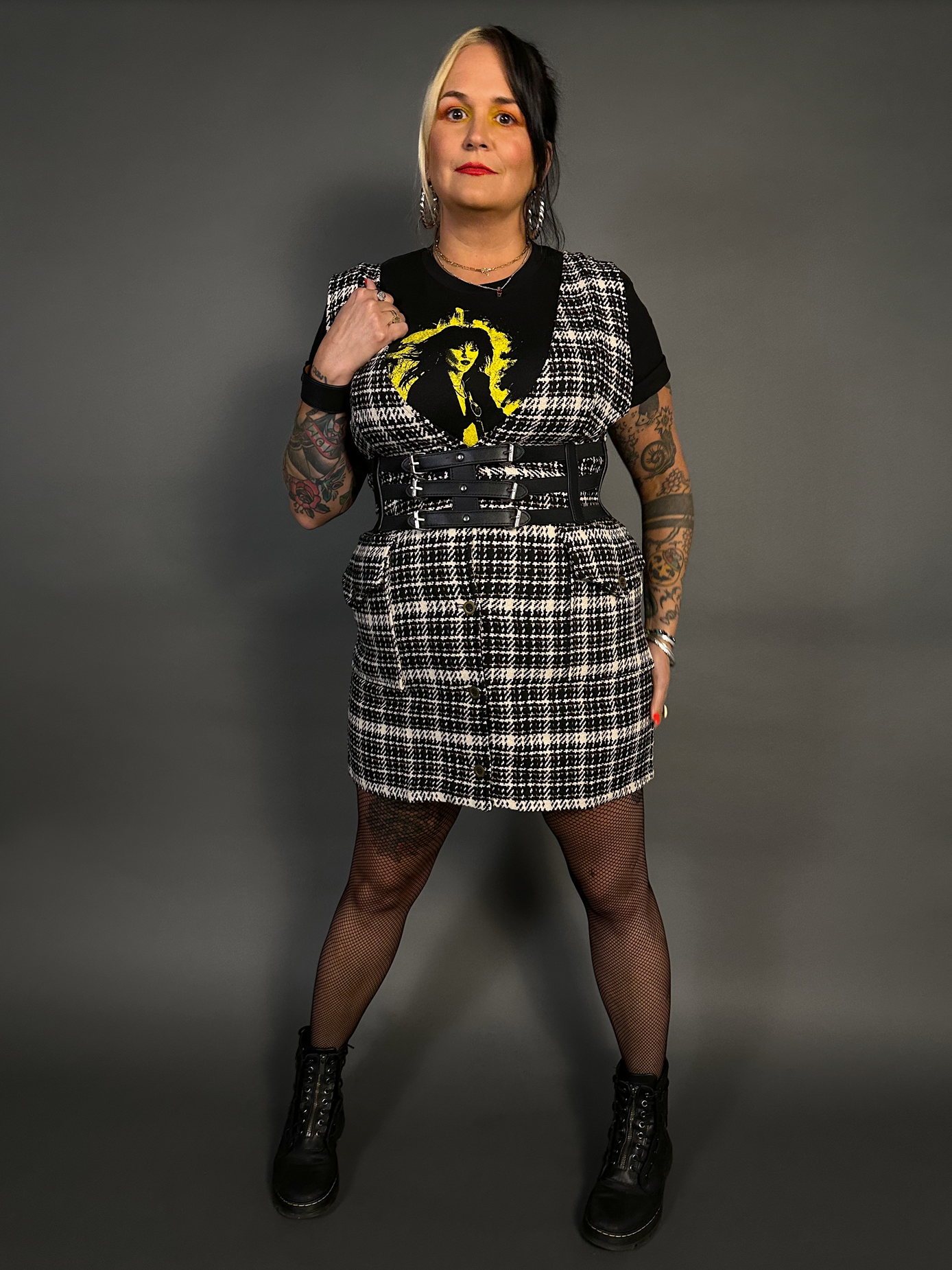 Outfit Set - Tweed Plaid Overall Mini Dress in Black/White & Three Buckle Corset Belt