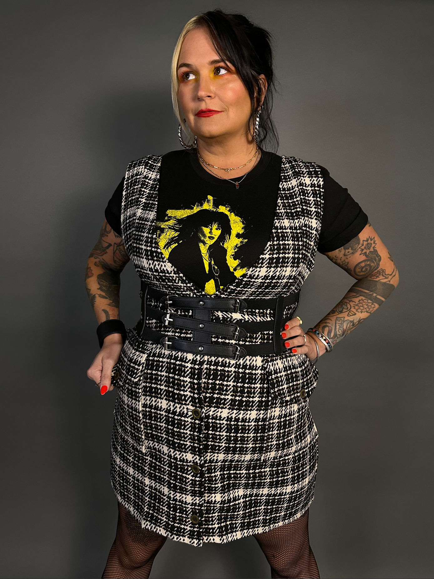 Outfit Set - Tweed Plaid Overall Mini Dress in Black/White & Three Buckle Corset Belt