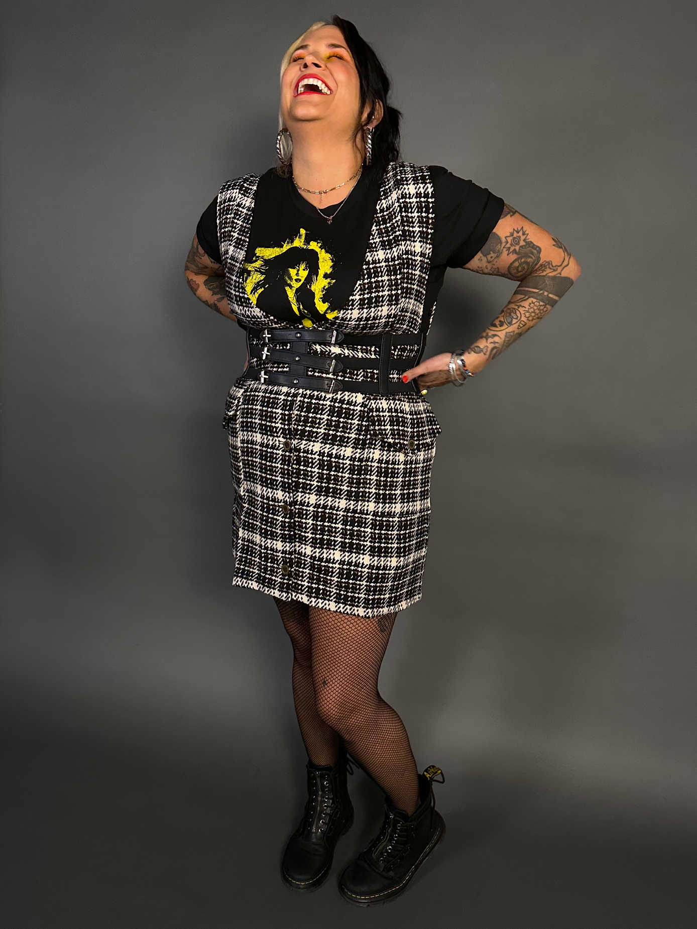 Outfit Set - Tweed Plaid Overall Mini Dress in Black/White & Three Buckle Corset Belt