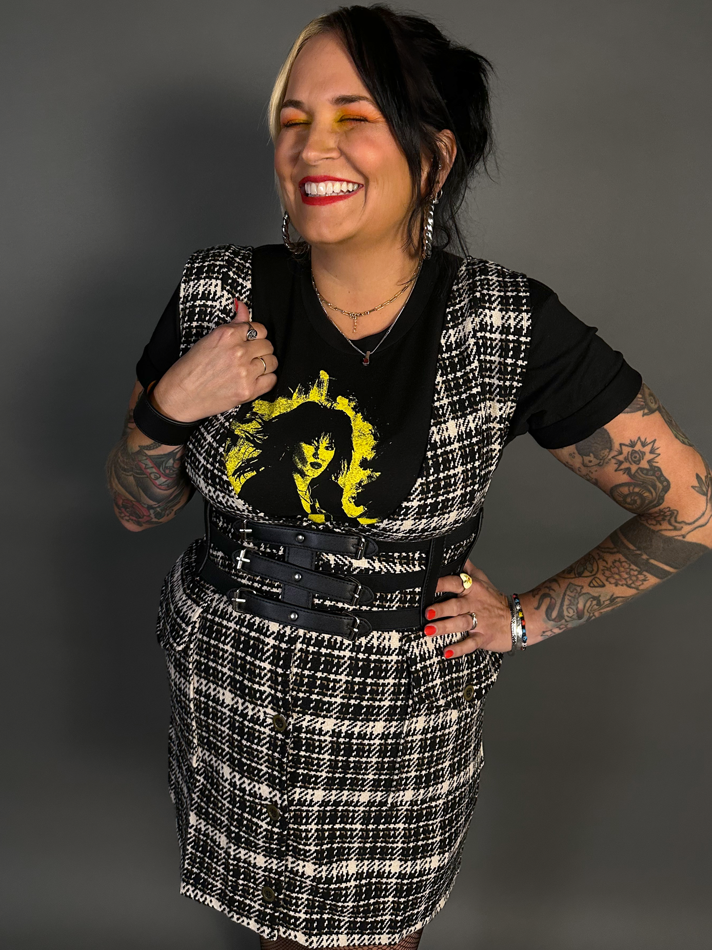 Outfit Set - Tweed Plaid Overall Mini Dress in Black/White & Three Buckle Corset Belt