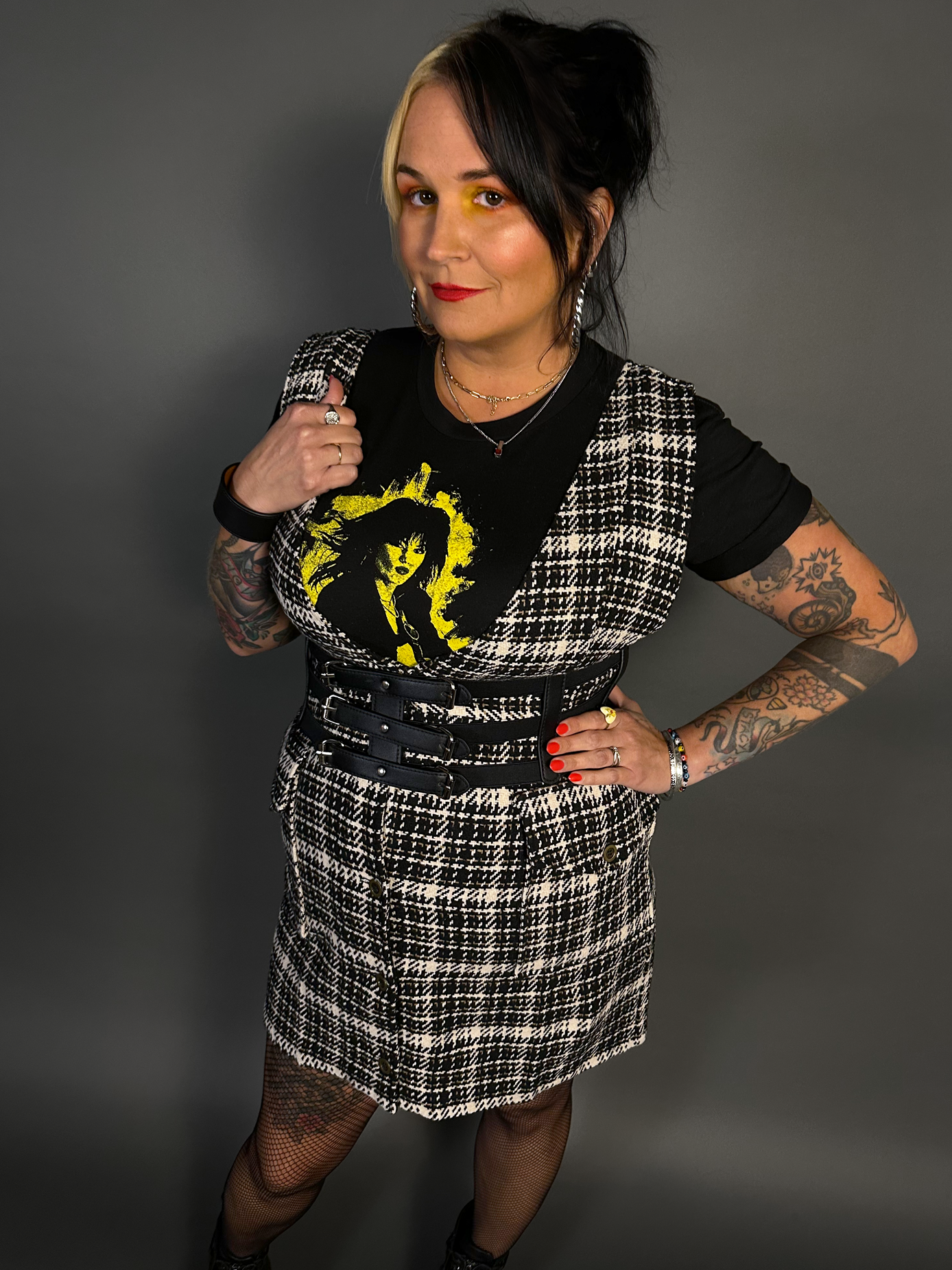 Outfit Set - Tweed Plaid Overall Mini Dress in Black/White & Three Buckle Corset Belt
