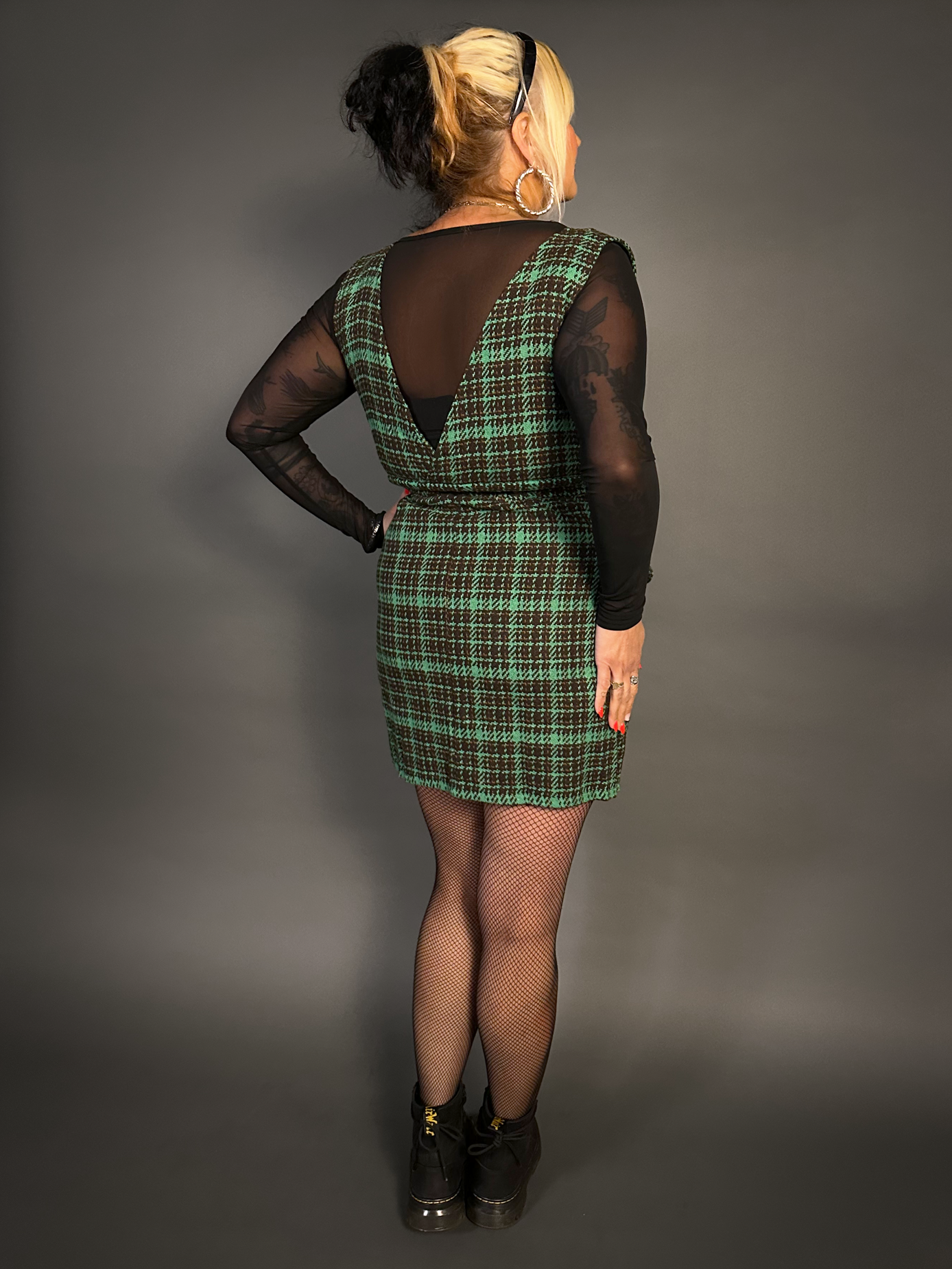 Outfit Set - Tweed Plaid Overall Mini Dress in Green & Sheer Round Neck Layering Top