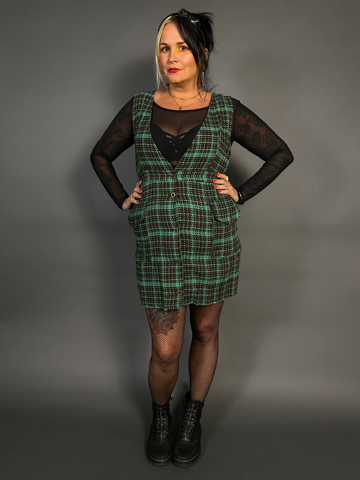 Outfit Set - Tweed Plaid Overall Mini Dress in Green & Sheer Round Neck Layering Top