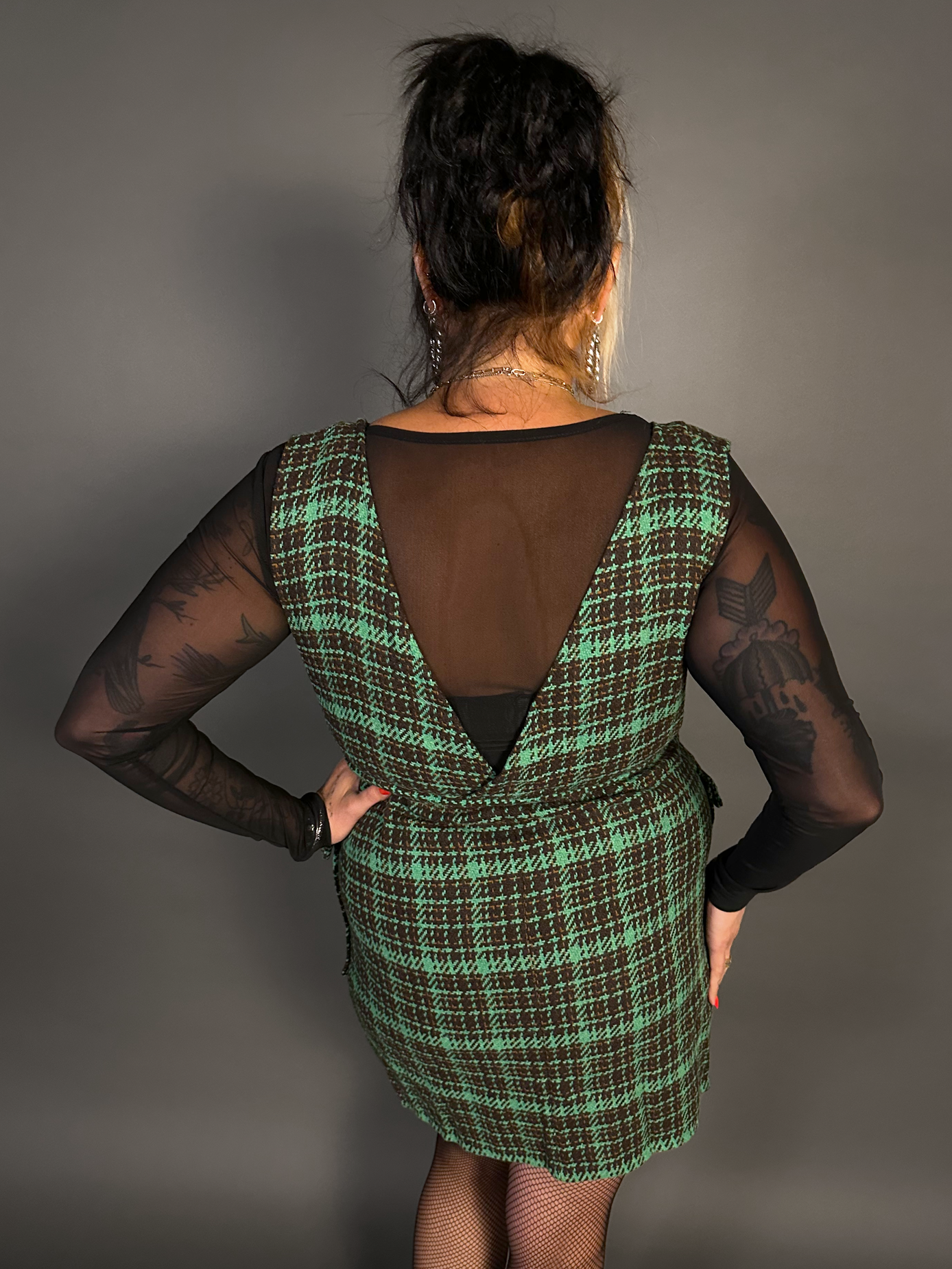 Outfit Set - Tweed Plaid Overall Mini Dress in Green & Sheer Round Neck Layering Top