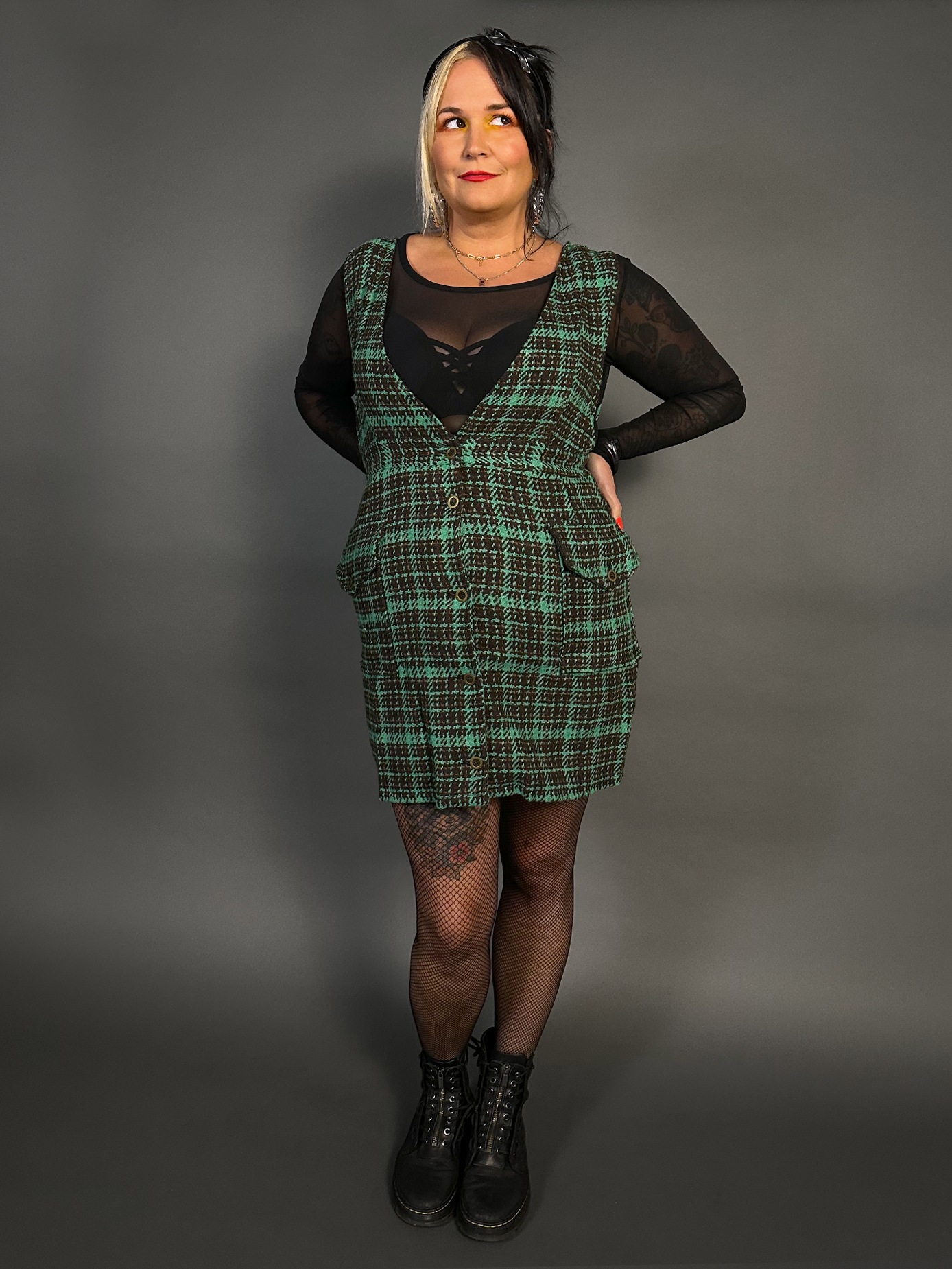 Outfit Set - Tweed Plaid Overall Mini Dress in Green & Sheer Round Neck Layering Top L / M / Green Plaid Dress & Black Top Outfit Set - Tweed Plaid Overall Mini Dress in Green & Sheer Round Neck Layering Top L / M / Green Plaid Dress & Black Top