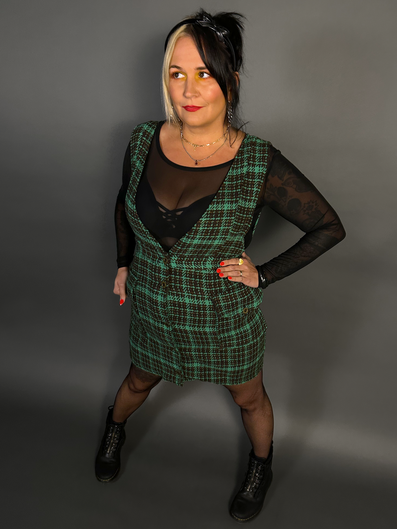 Outfit Set - Tweed Plaid Overall Mini Dress in Green & Sheer Round Neck Layering Top