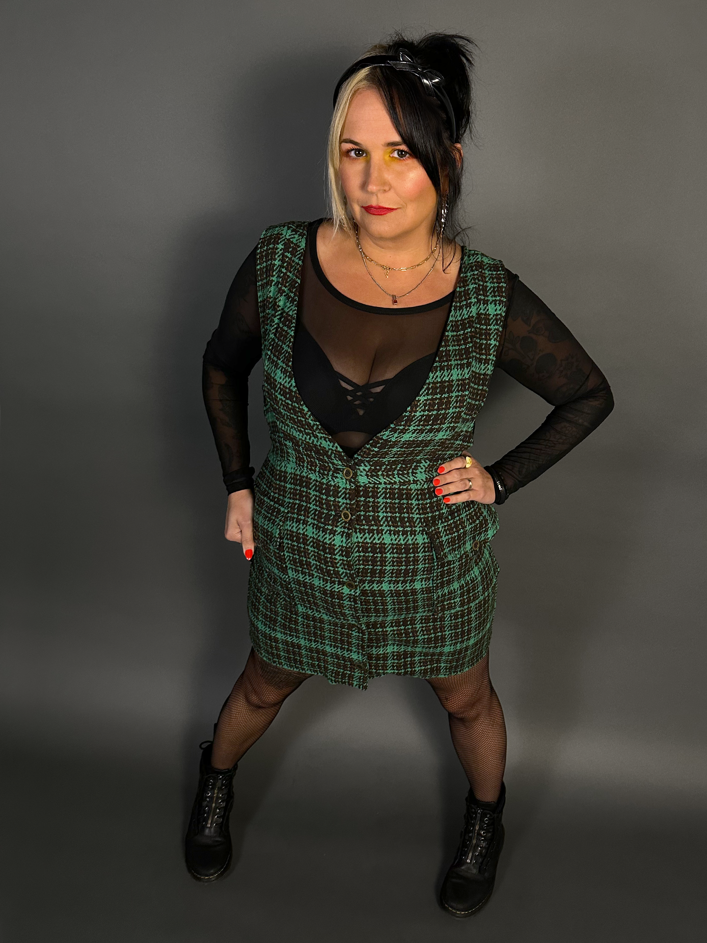 Outfit Set - Tweed Plaid Overall Mini Dress in Green & Sheer Round Neck Layering Top