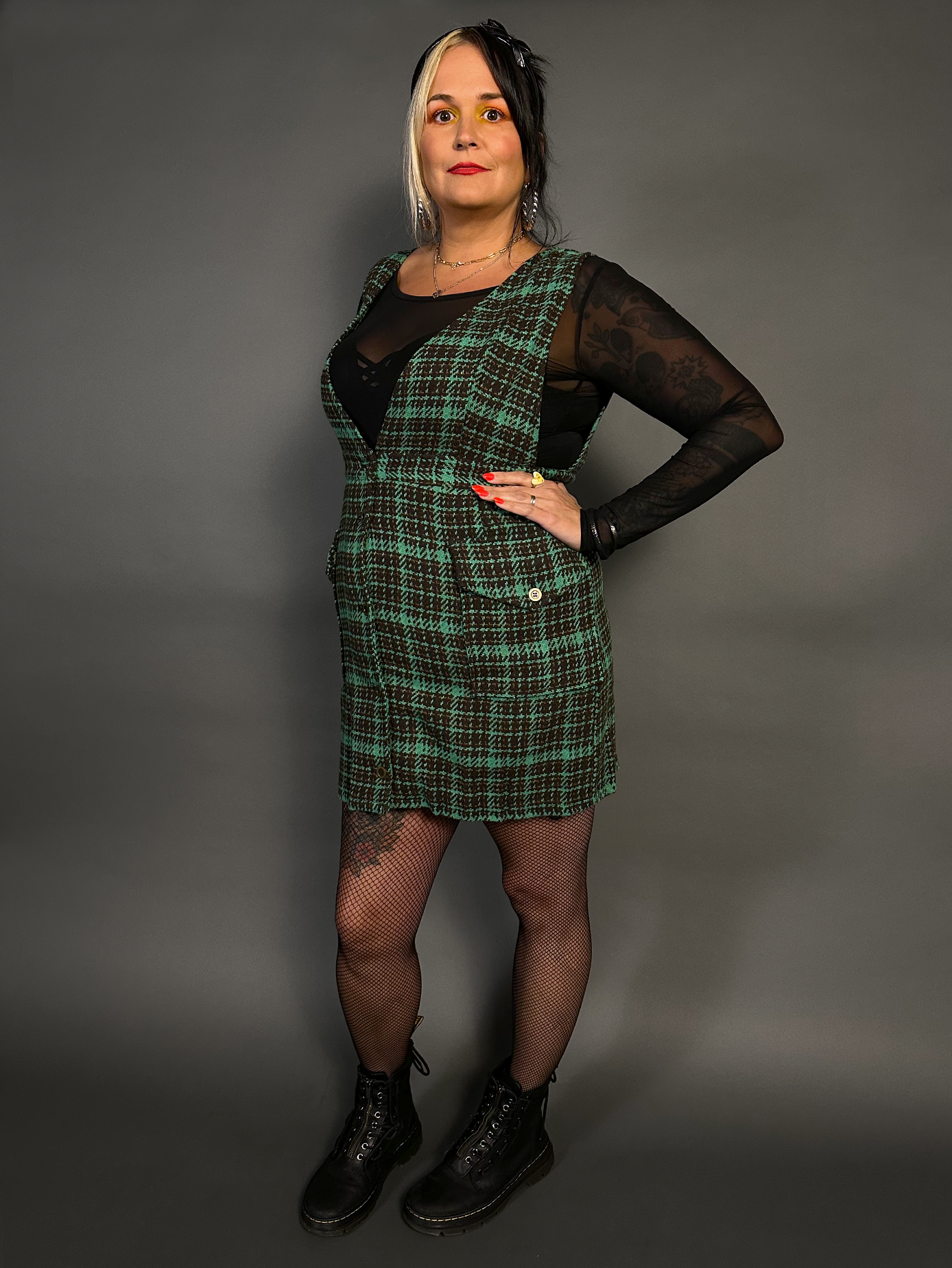 Outfit Set - Tweed Plaid Overall Mini Dress in Green & Sheer Round Neck Layering Top