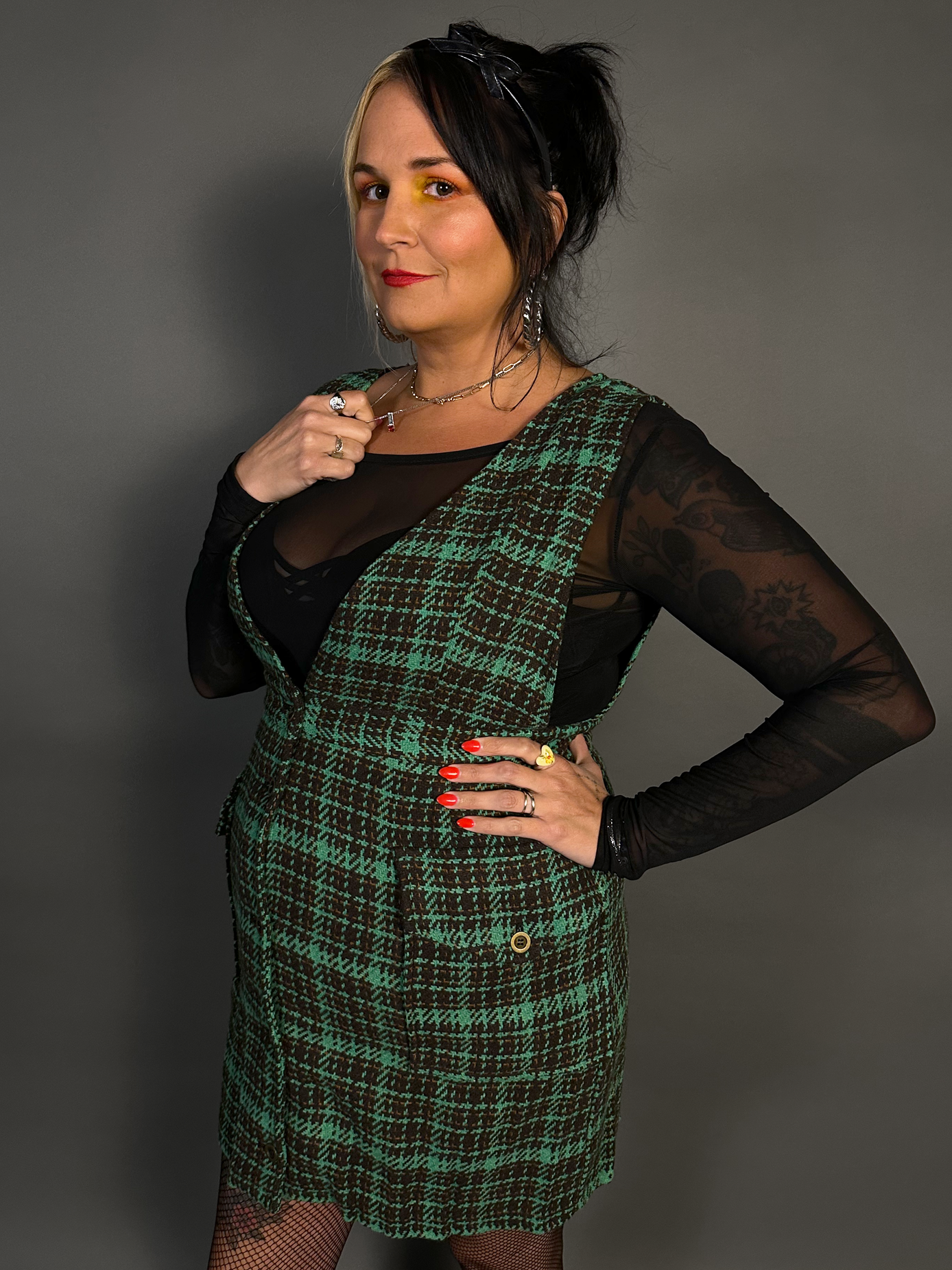 Outfit Set - Tweed Plaid Overall Mini Dress in Green & Sheer Round Neck Layering Top