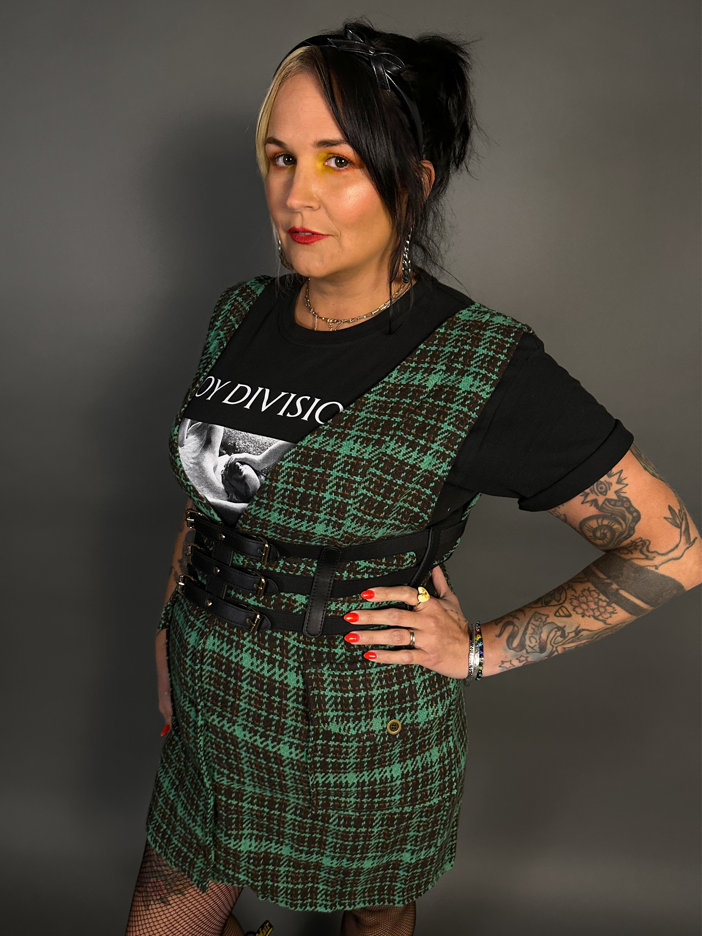 Outfit Set - Tweed Plaid Overall Mini Dress in Green & Three Buckle Corset Belt
