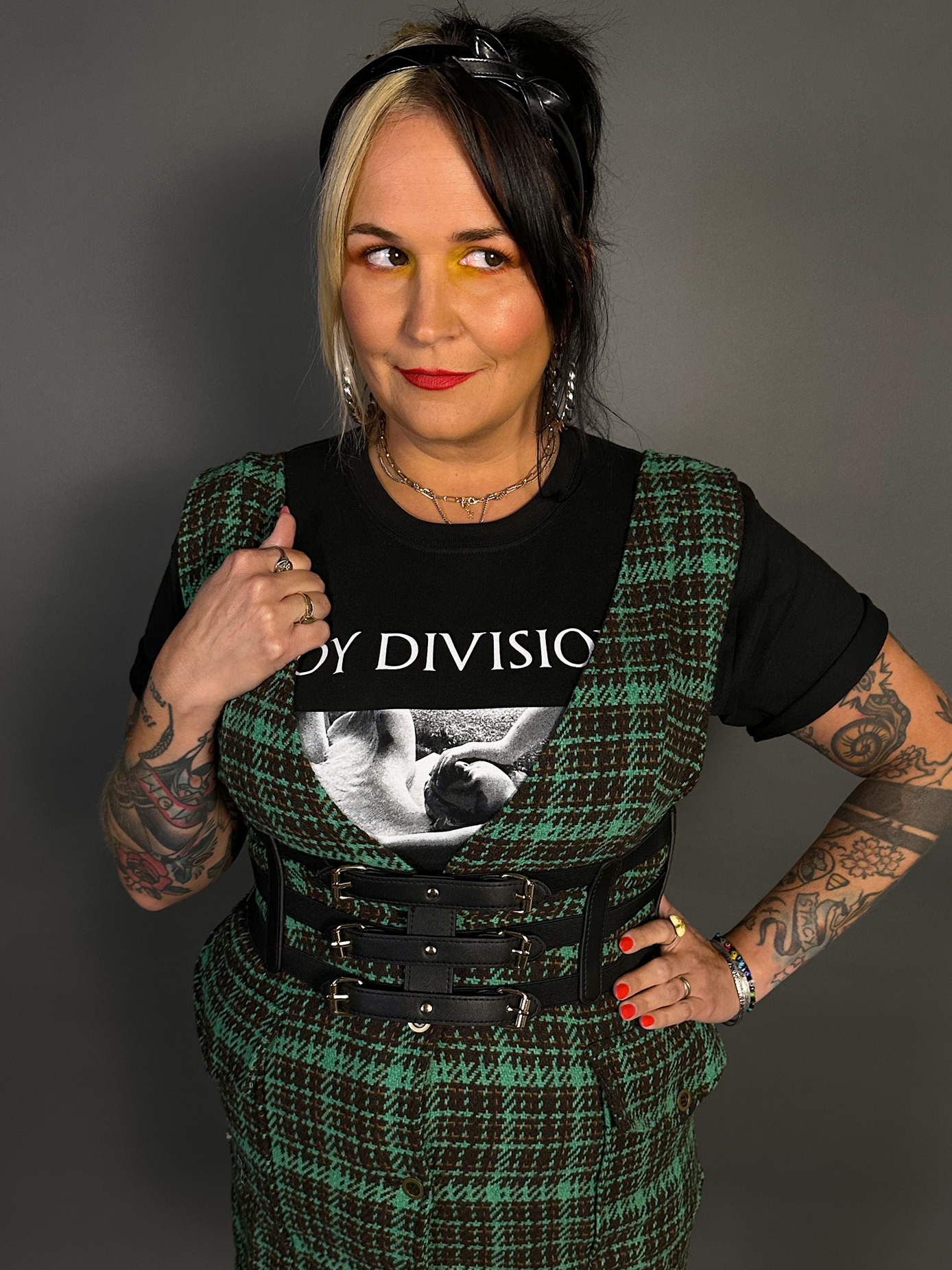 Outfit Set - Tweed Plaid Overall Mini Dress in Green & Three Buckle Corset Belt