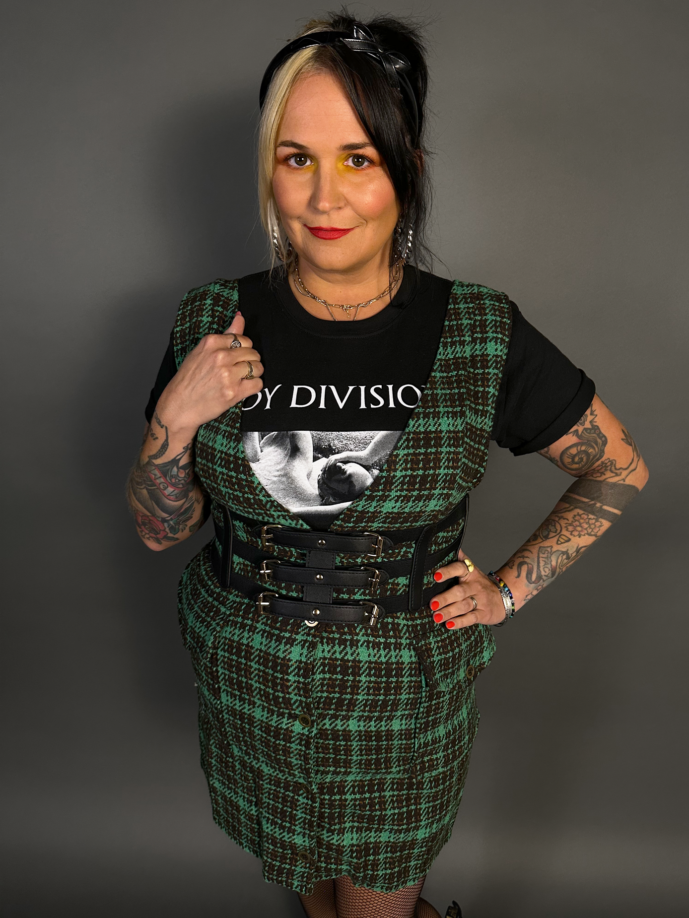 Outfit Set - Tweed Plaid Overall Mini Dress in Green & Three Buckle Corset Belt